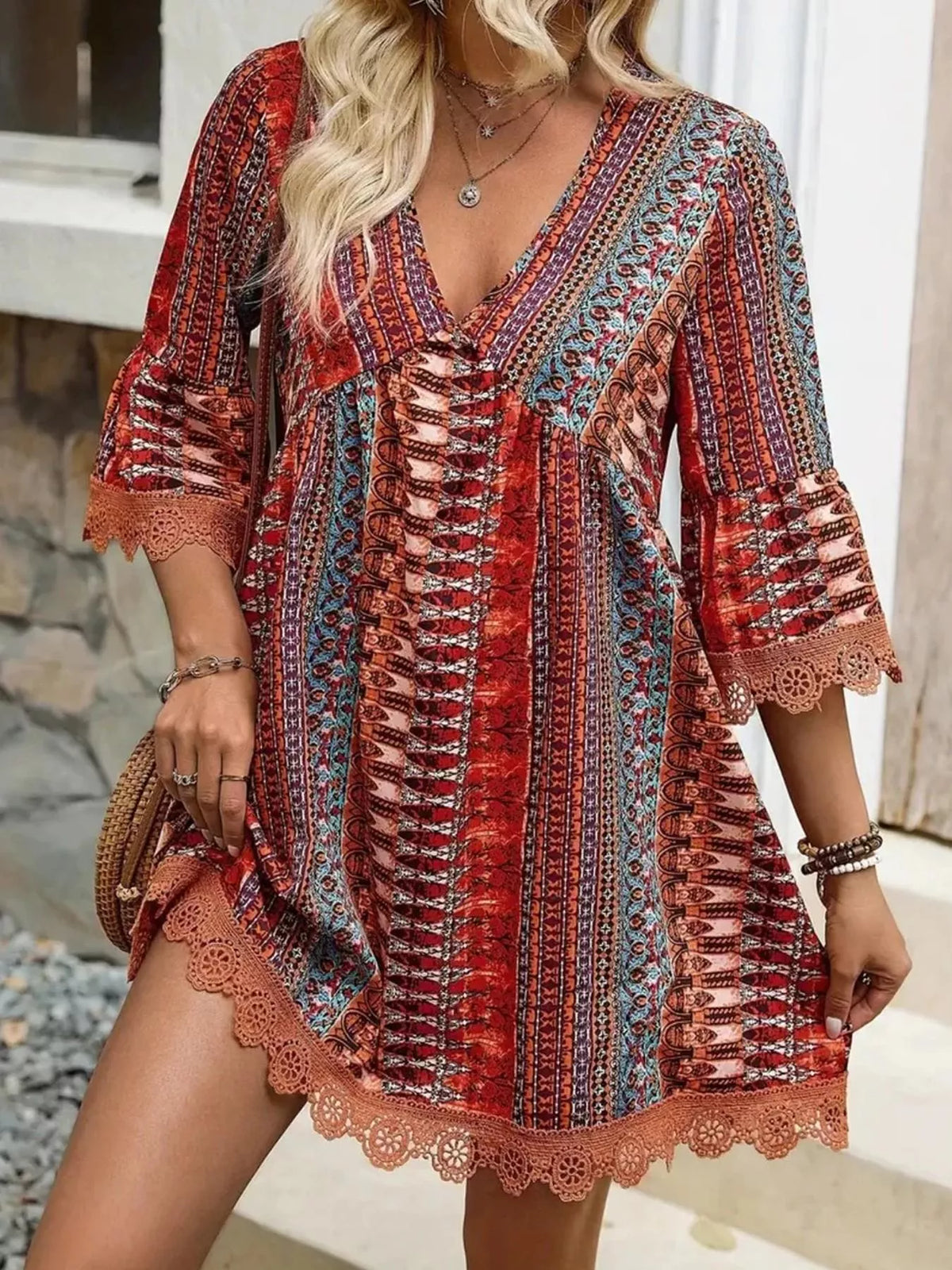 Printed V-Neck A-Line Dress with Lace Detail