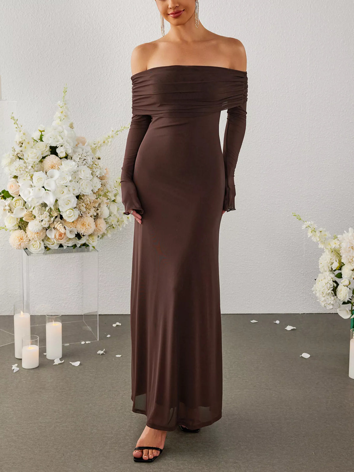 Off-Shoulder Ruched Long Sleeve Maxi Dress