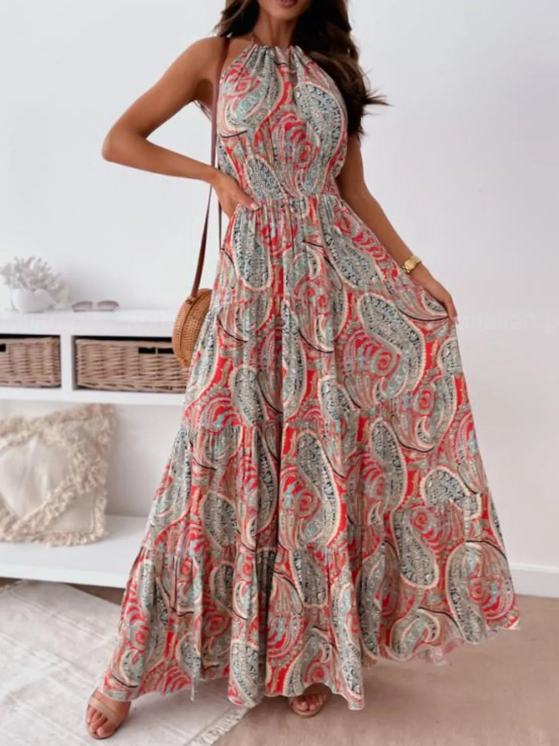 Halter Neck Tiered Maxi Dress in Red Flower