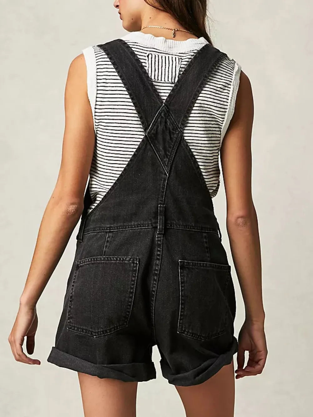 Square Neck Wide Strap Denim Overalls in Black by Dreamy Drapes