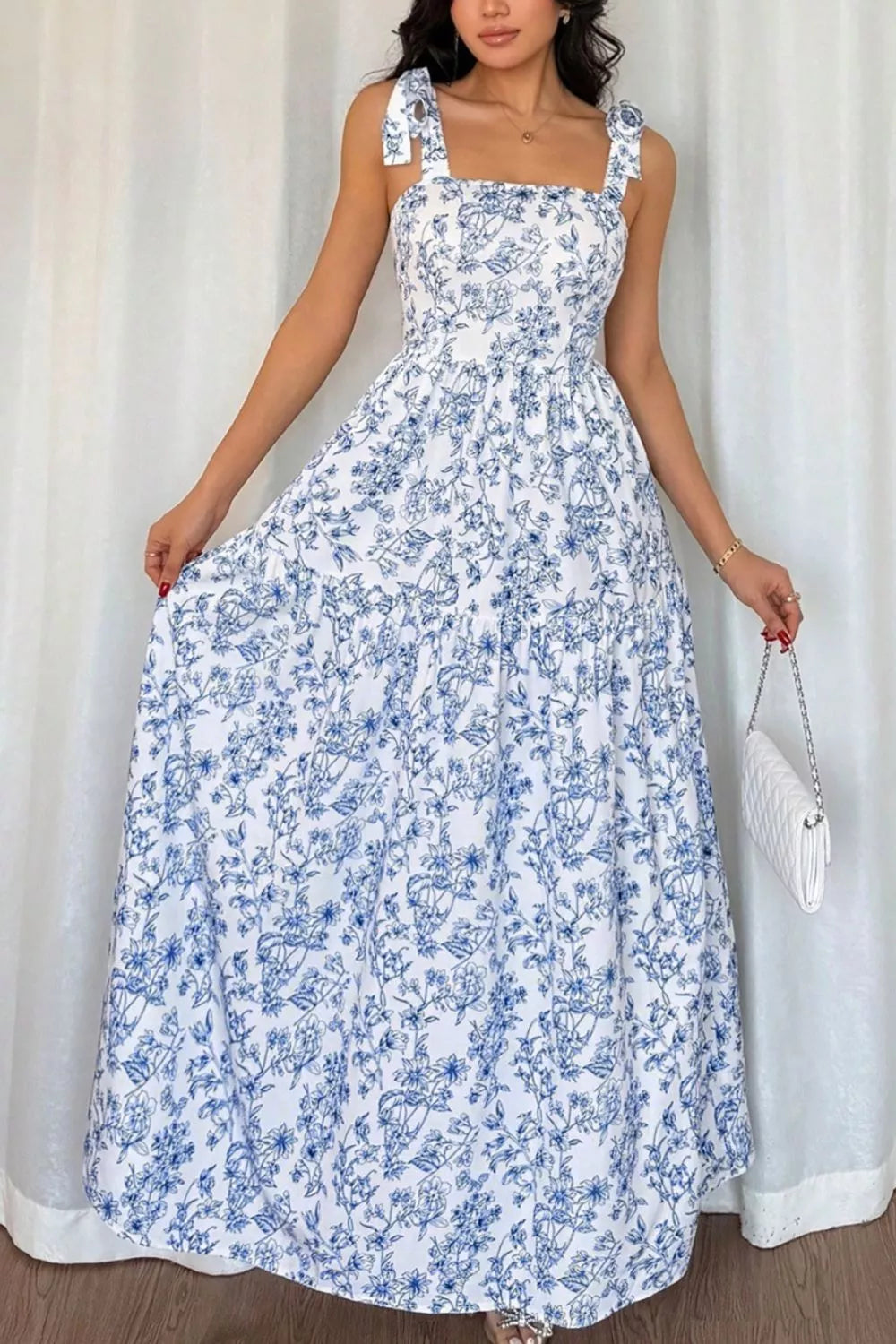 Floral Print Knot-Strap High-Waist Maxi Dress in Light Blue