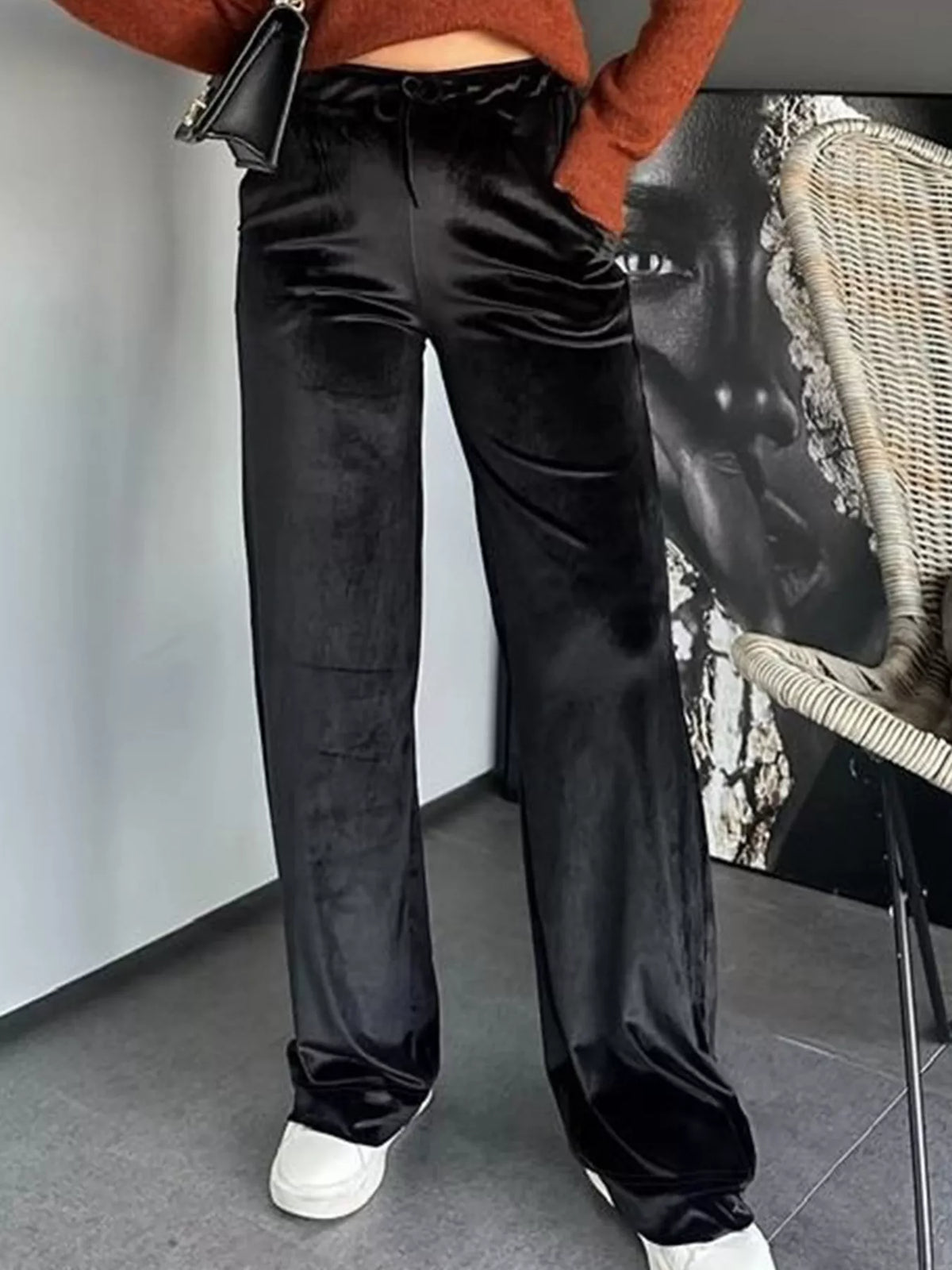 Velvet Wide Leg Pants in Black