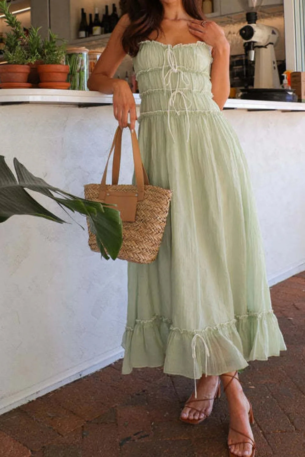 Ruffled Hem Frill Midi Cami Dress in Light Green