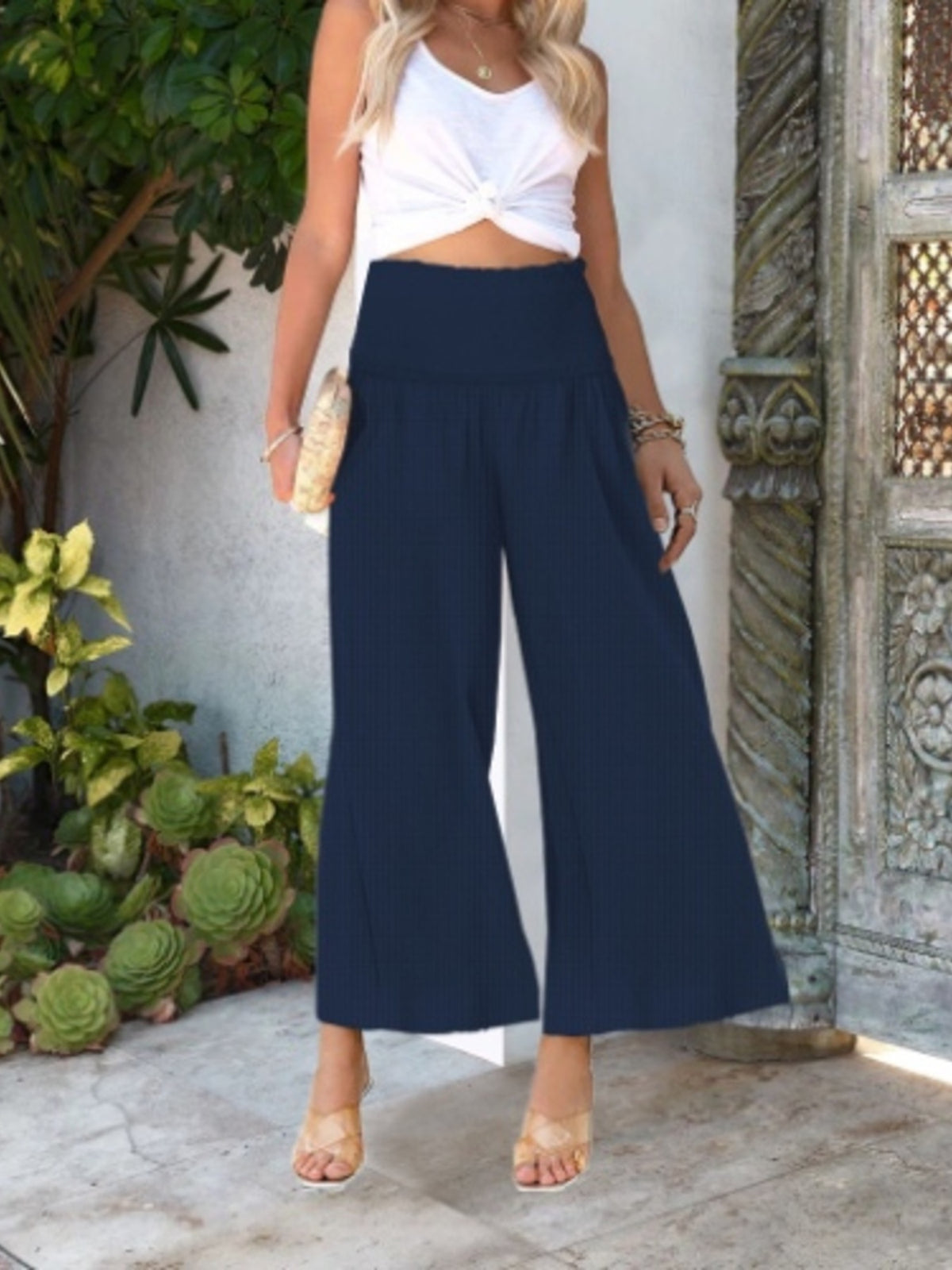Smocked Waist Wide Leg Pants
