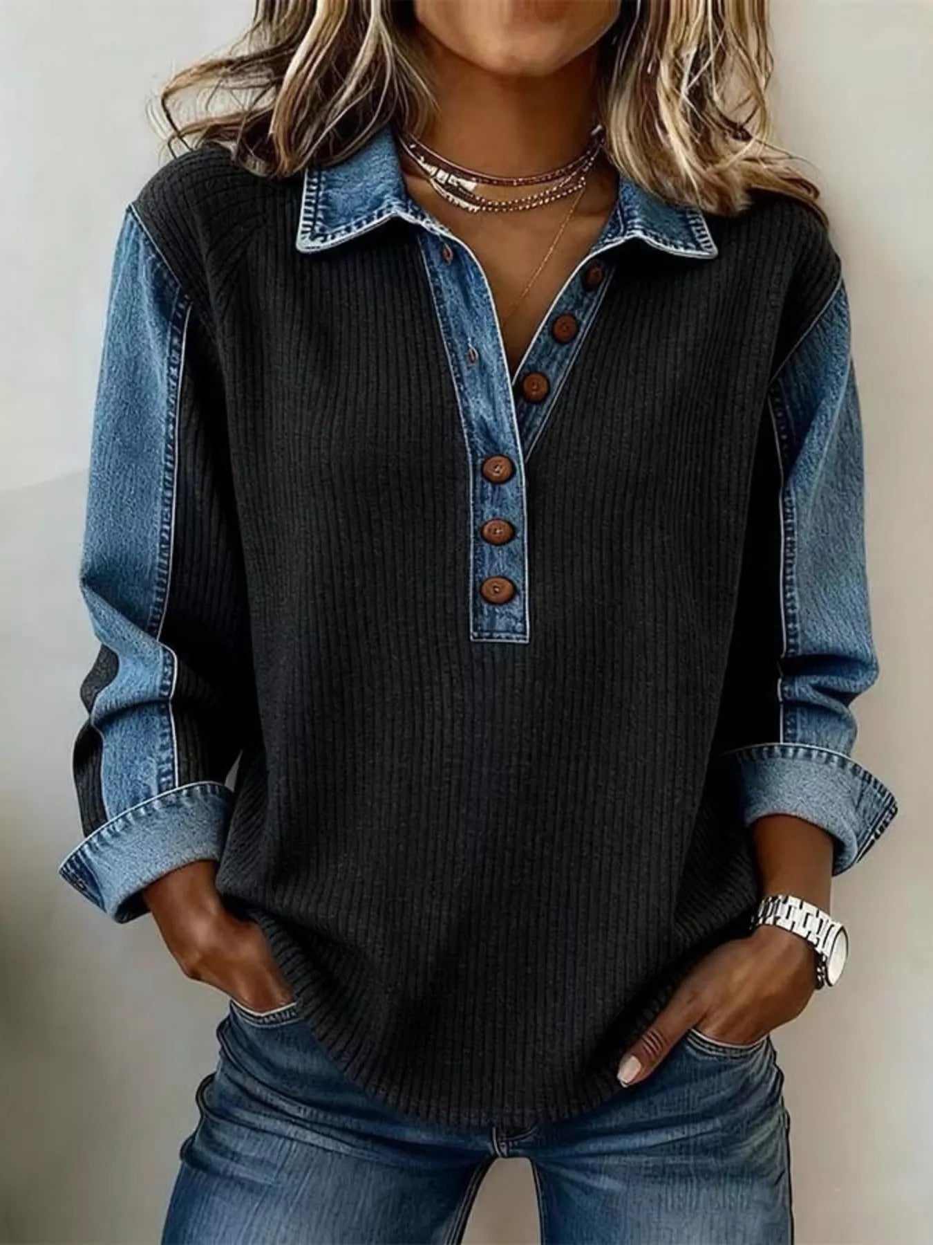 Denim-Trim Button Detail Sweatshirt