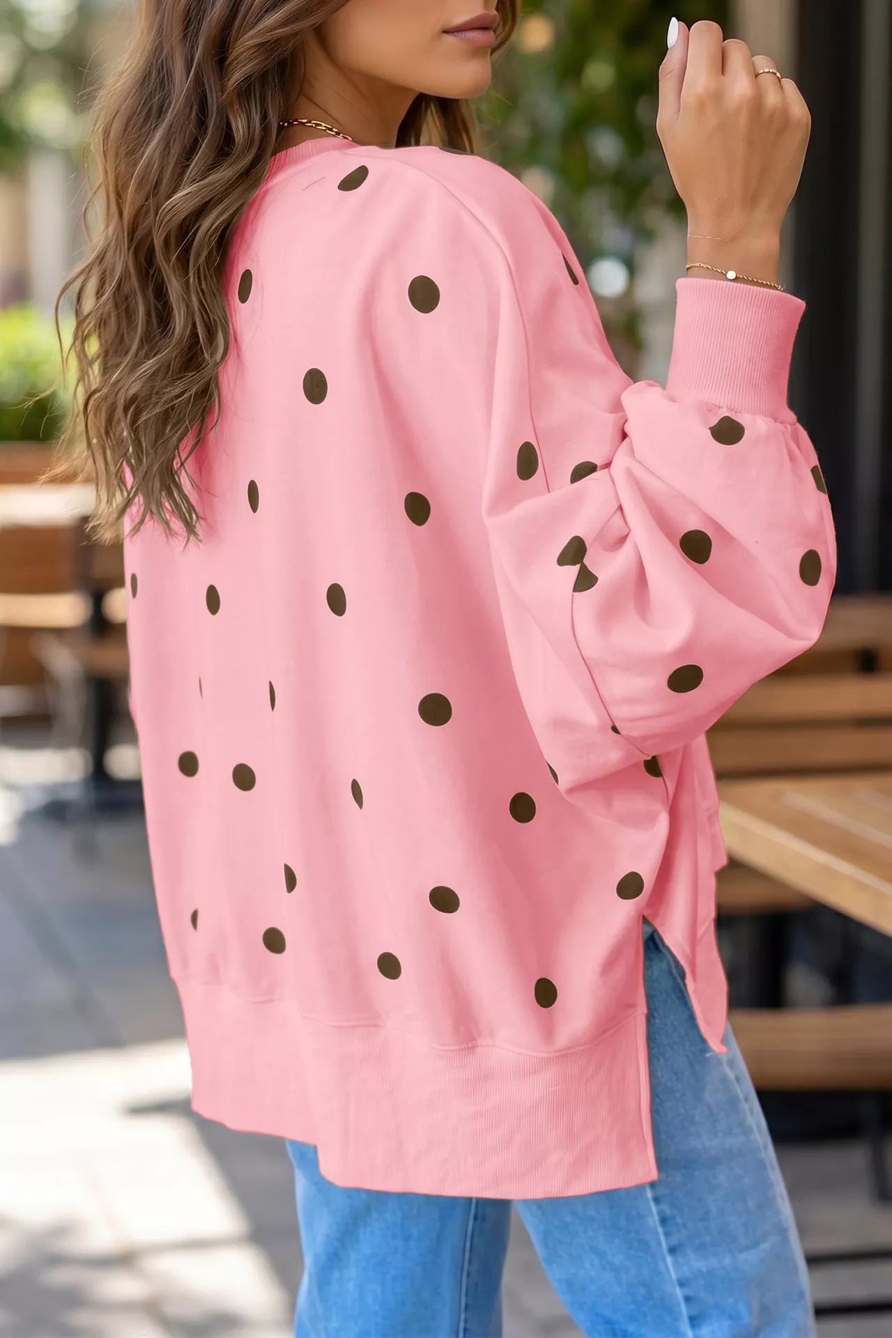 Side Slit Polka Dot Sweatshirt