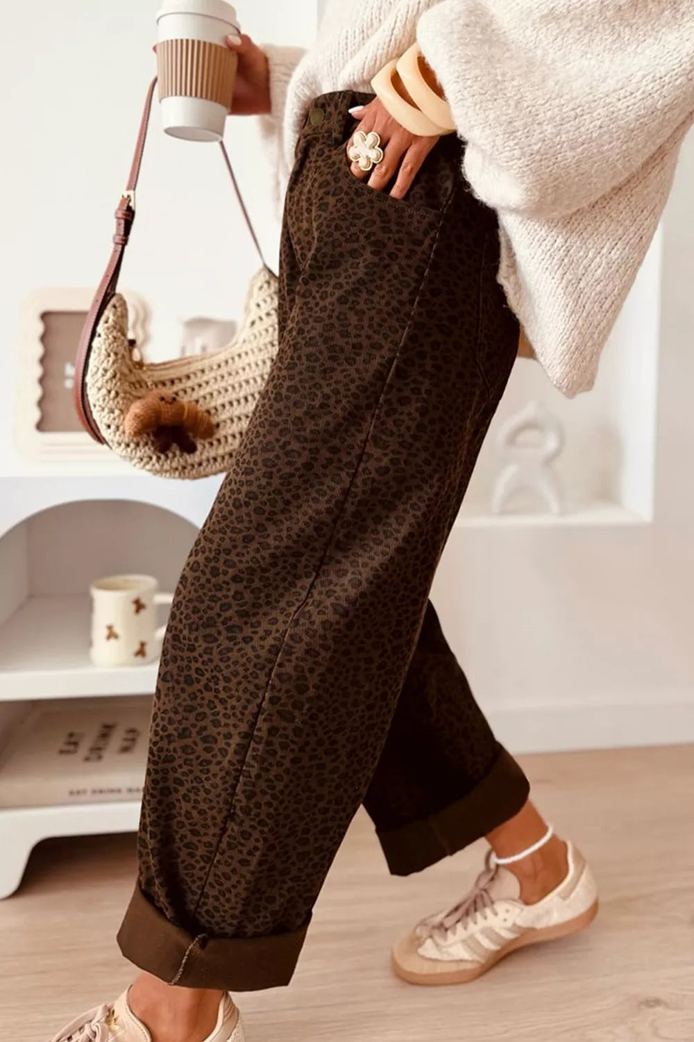 Leopard Print Wide-Leg Jeans in Coffee Brown