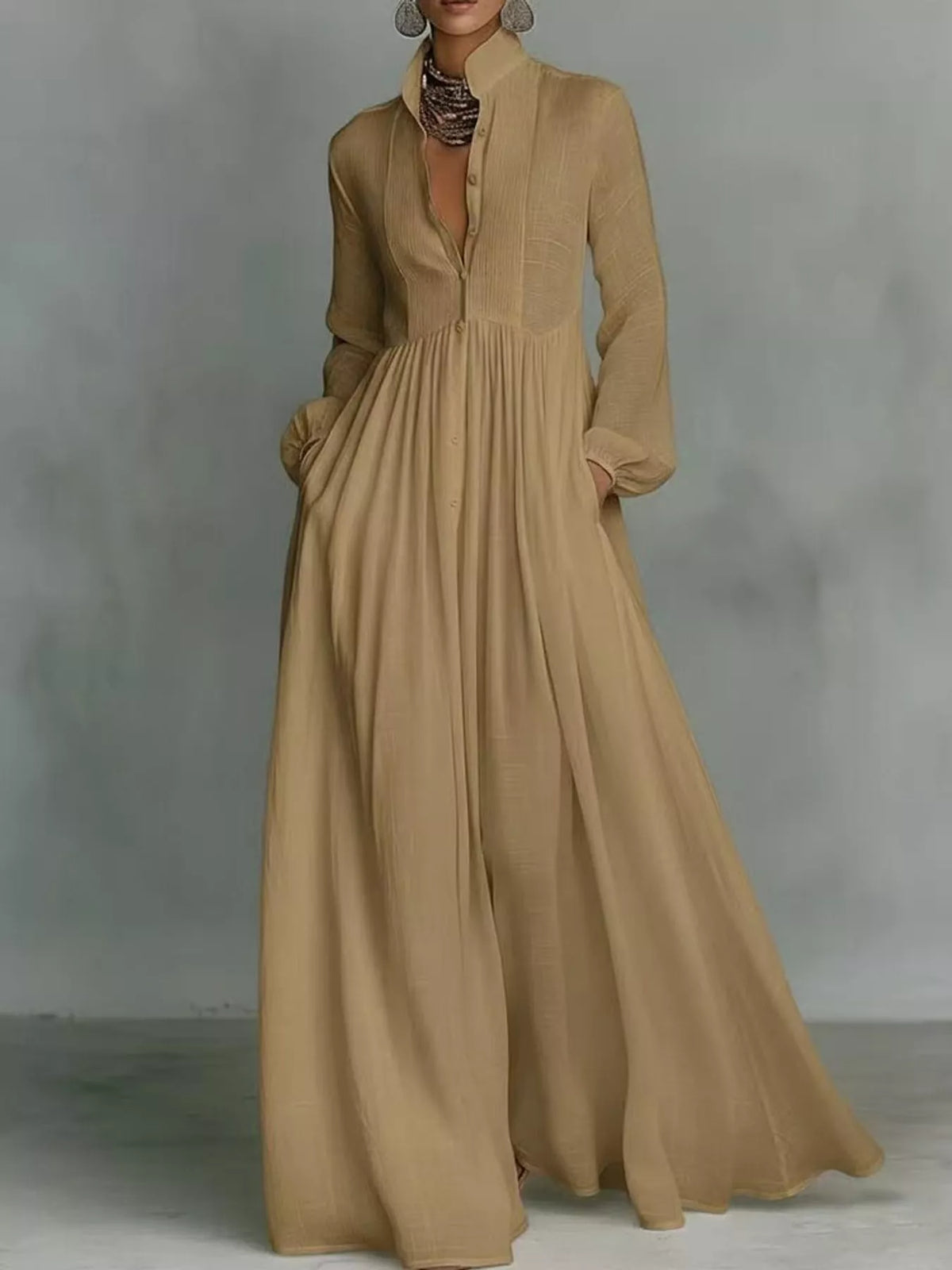 Long-Sleeve Button Front Maxi Dress