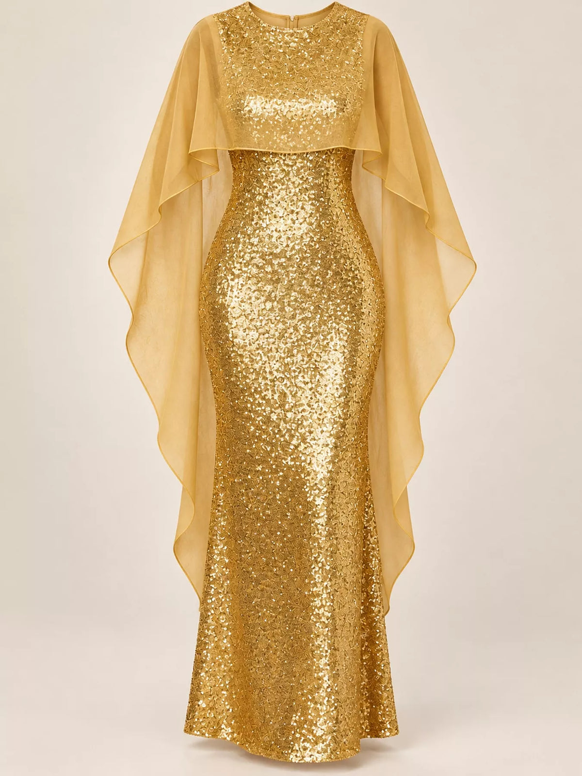 Sequin Cape-Overlay Evening Dress