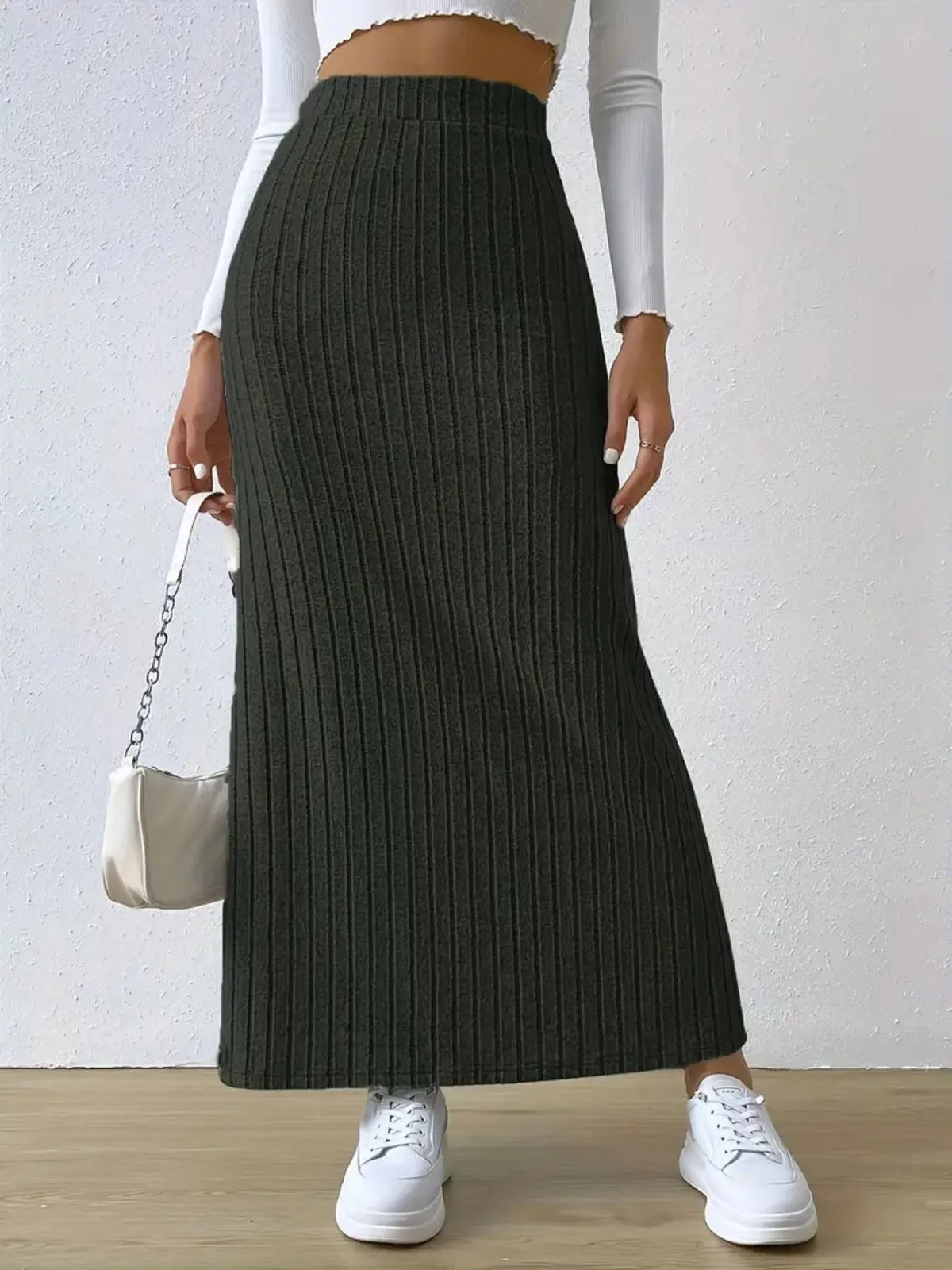 High-Waisted Ribbed Knit Maxi Skirt