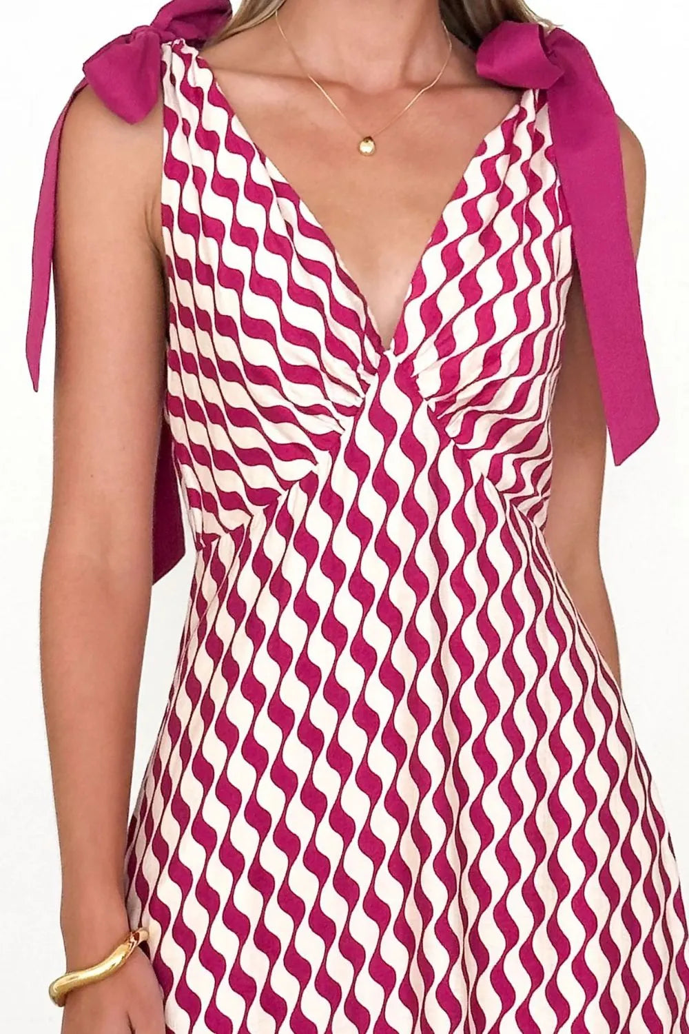 Printed Tie-Shoulder Ruched V-Neck Midi Dress