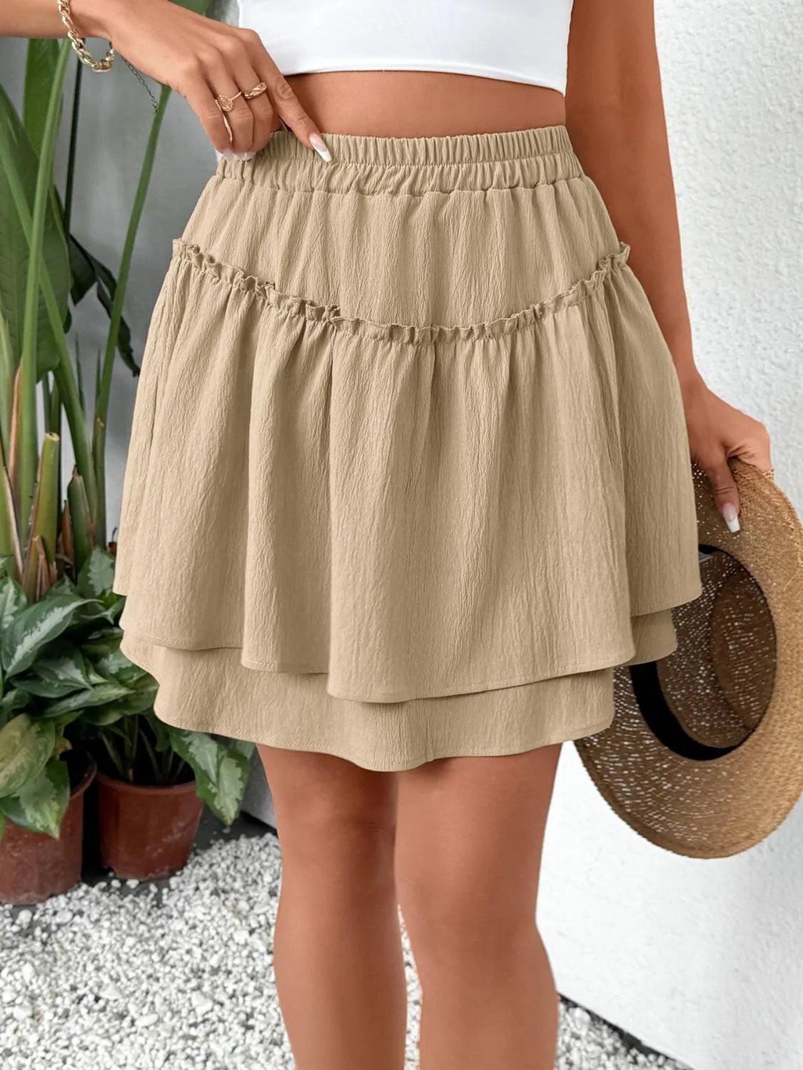 Elastic Waist Layered Skirt in Tan