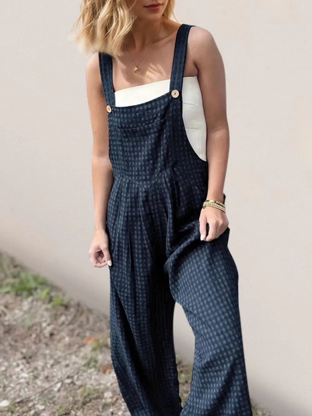 Plaid Wide Leg Overalls in Peacock Blue in Peacock  Blue