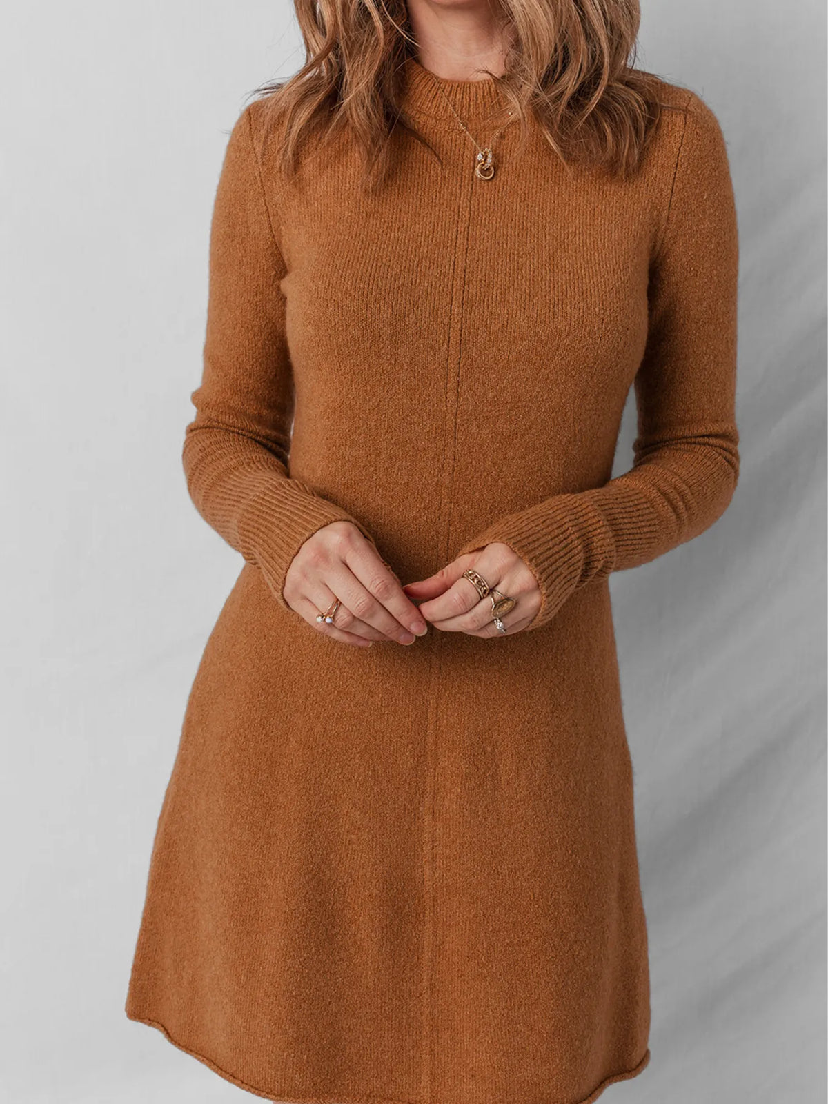 Ribbed Mini Sweater Dress in Caramel