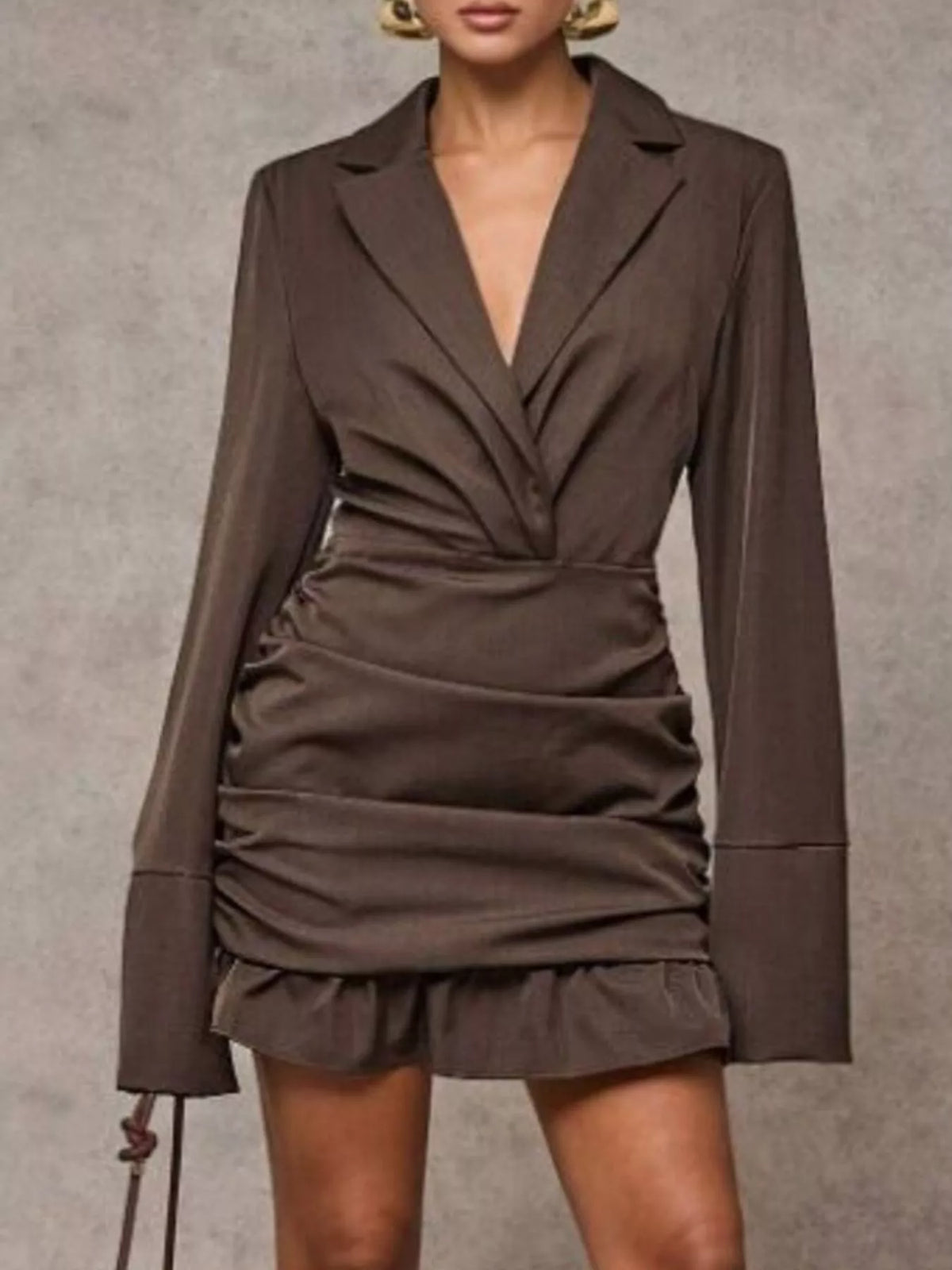 Blazer-Style Long Sleeve Ruffled Hem Mini Dress in Brown