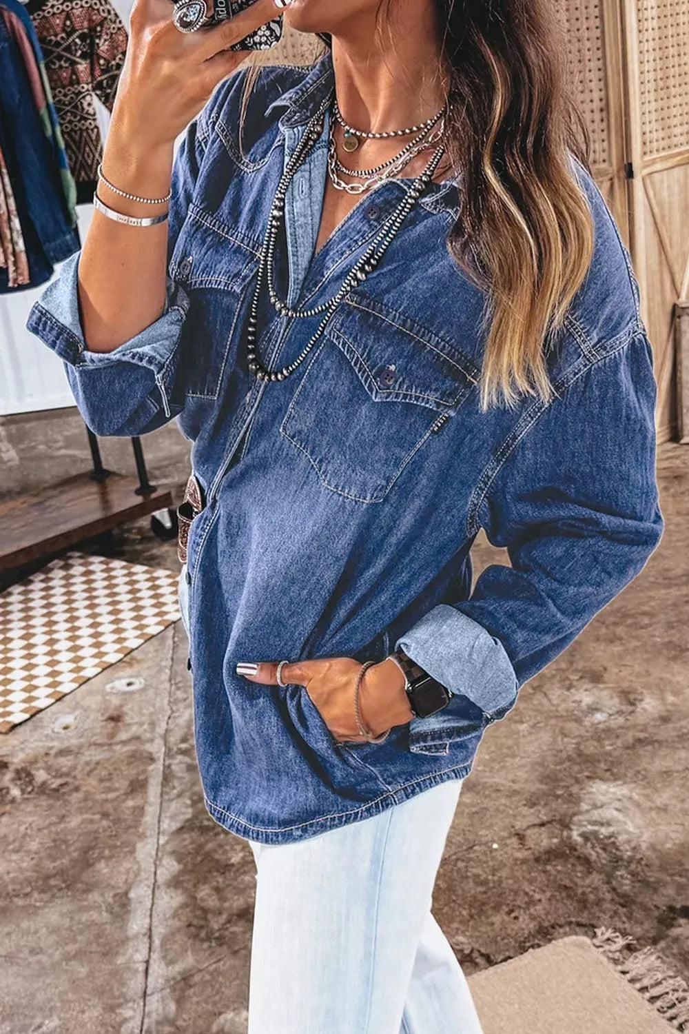 Western Patch-Pocket Denim Tunic in Dusty Blue