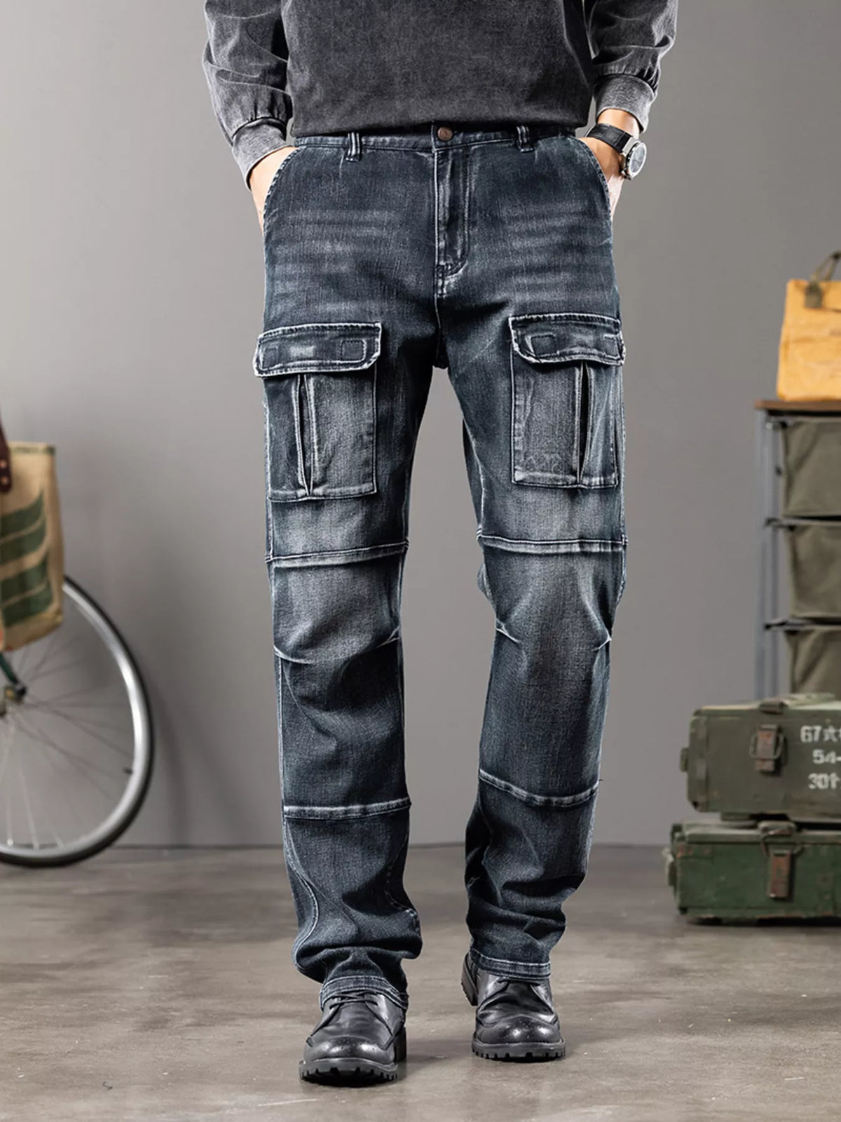 Dark Vintage Wash Cargo Jeans by True Self