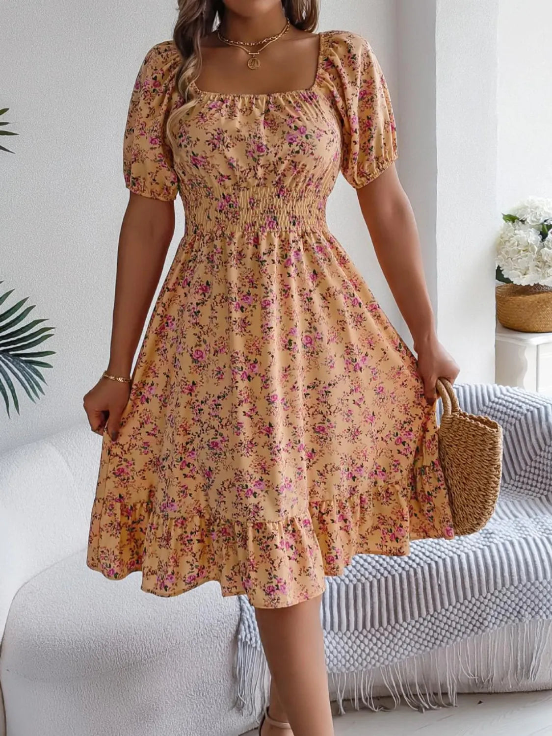 Ruffled Hem Floral Puff Sleeve Dress