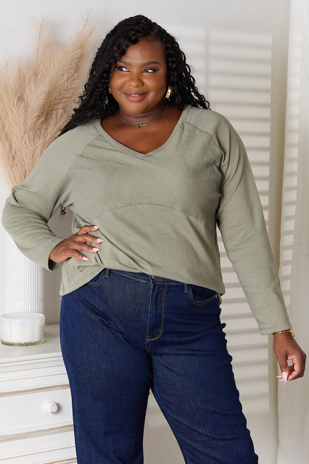 Culture Code V-Neck Long Sleeve Tee in Sage