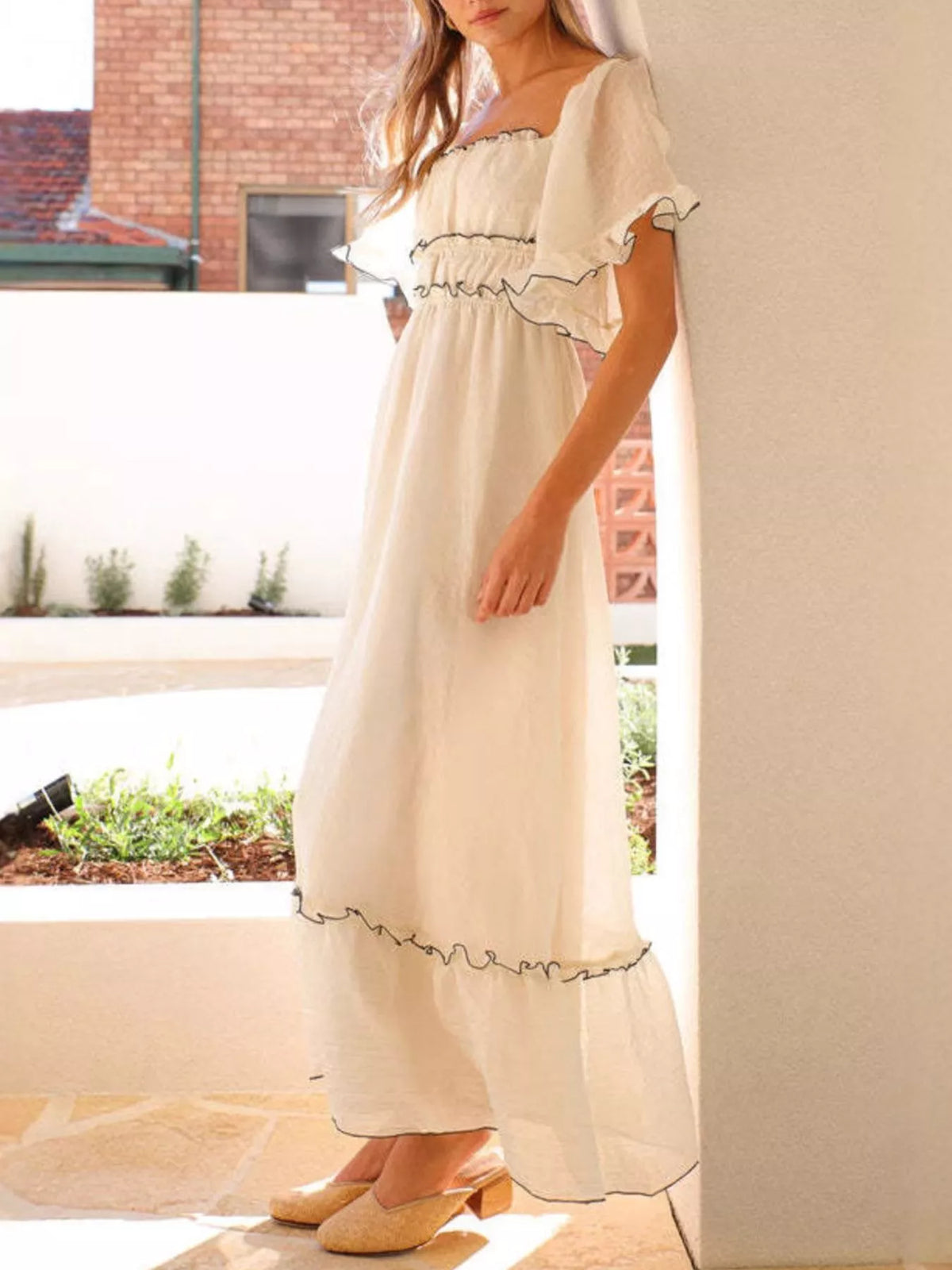 Ruffled Short Sleeve Tiered Maxi Dress in Apricot