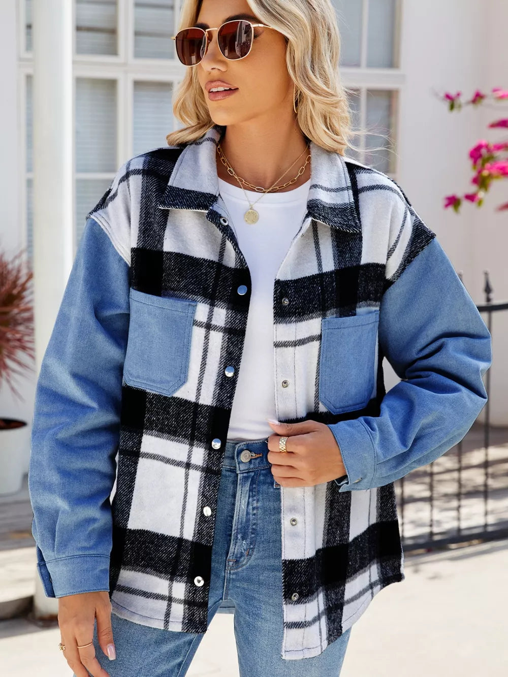 Plaid Snap-Down Denim Jacket in Dusty Blue by Manny