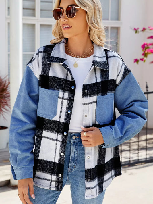 Plaid Snap-Down Denim Jacket in Dusty Blue by Manny