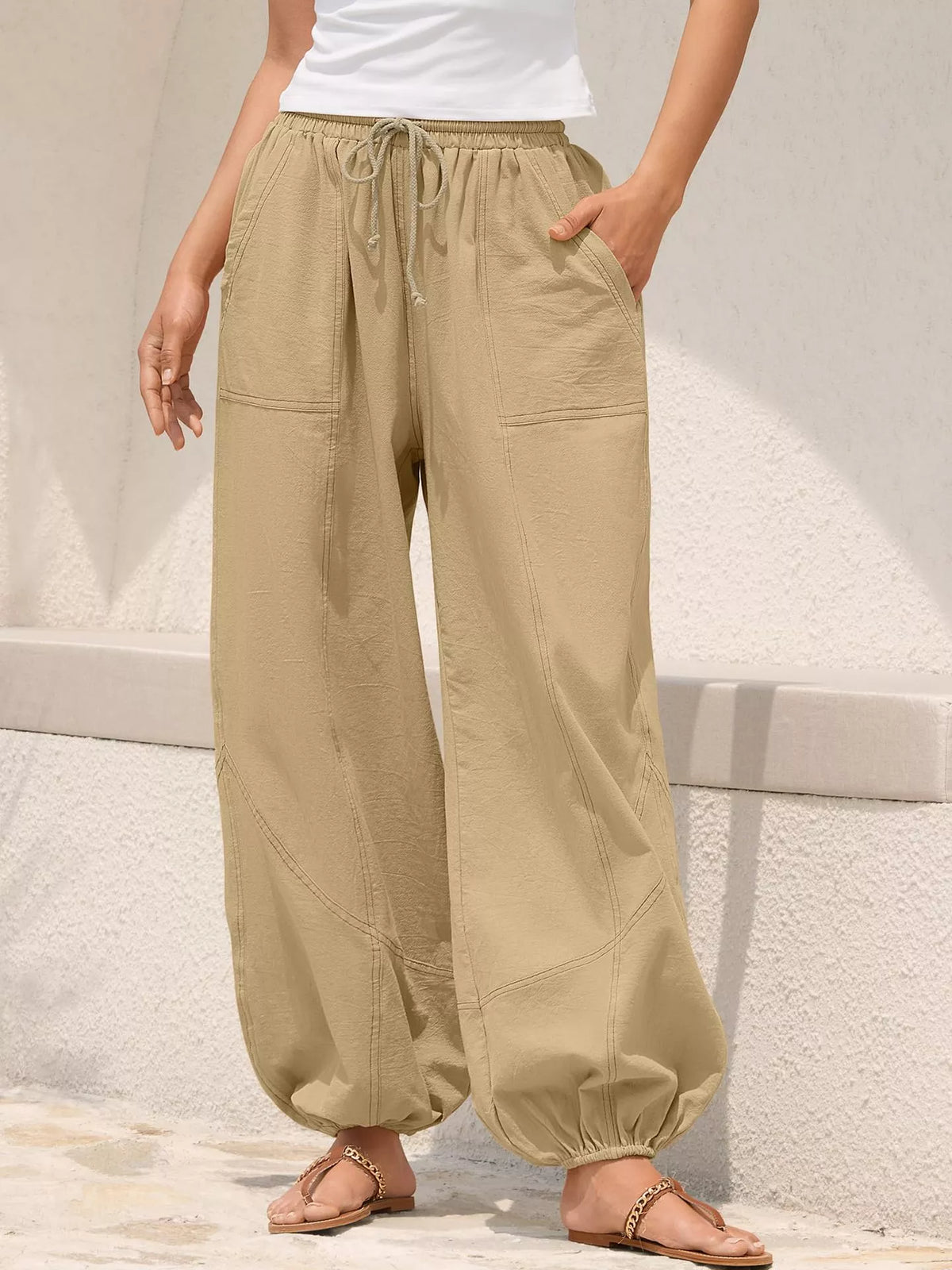 Contrast-Stitch Drawstring Harem Joggers