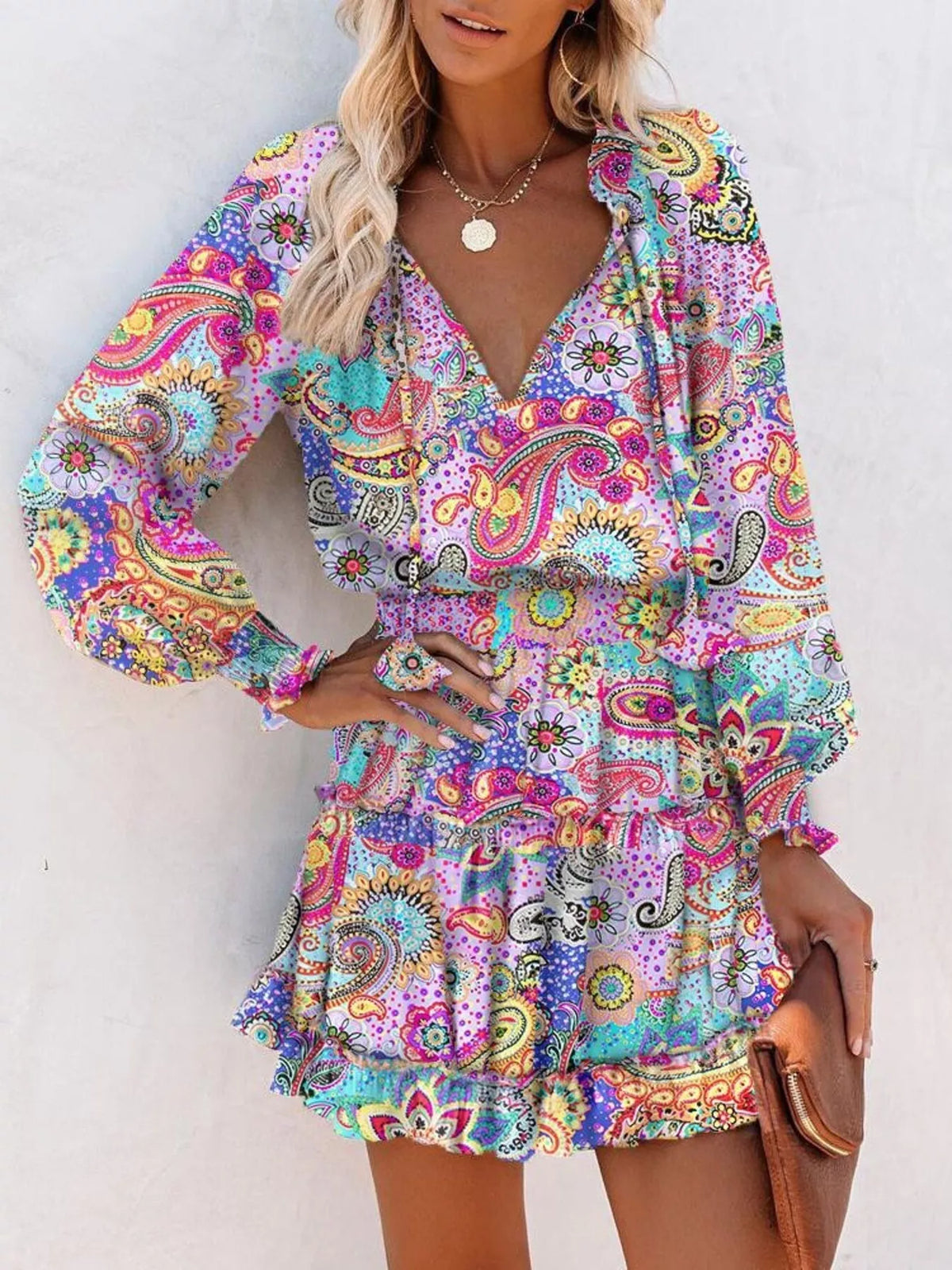 Tie-Neck Lantern Sleeve Dress with Tiered Ruffles