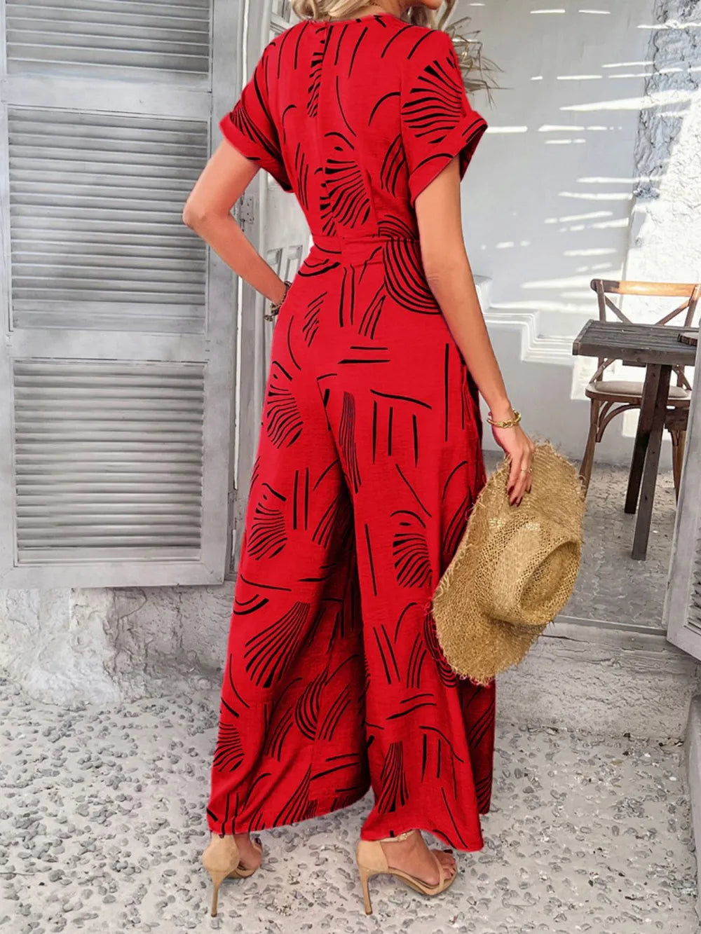 Printed Notched Wide-Leg Jumpsuit