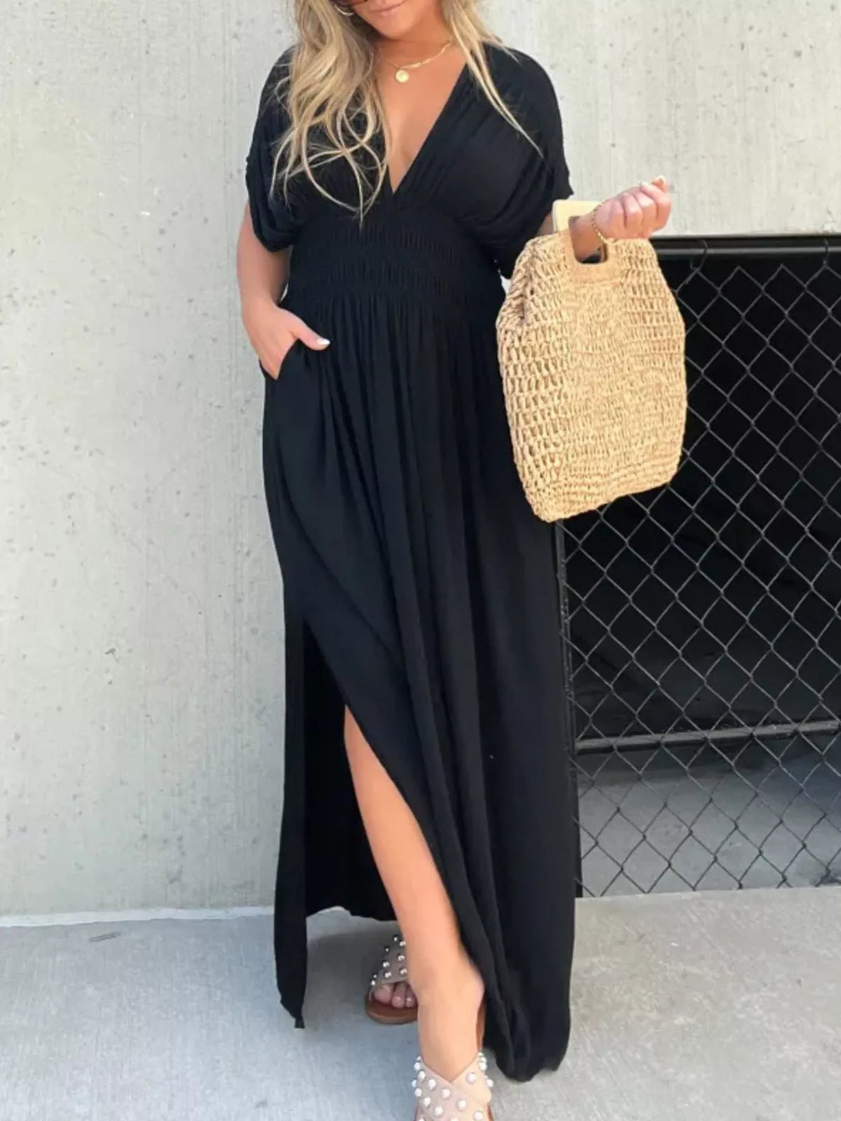 Smocked Waist V-Neck Slit Maxi Dress