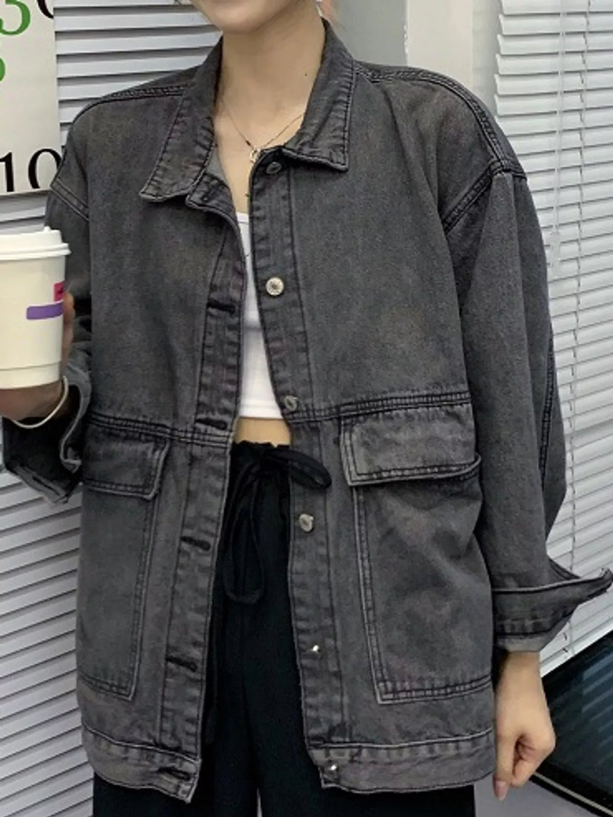 Oversized Denim Jacket with Utility Pockets