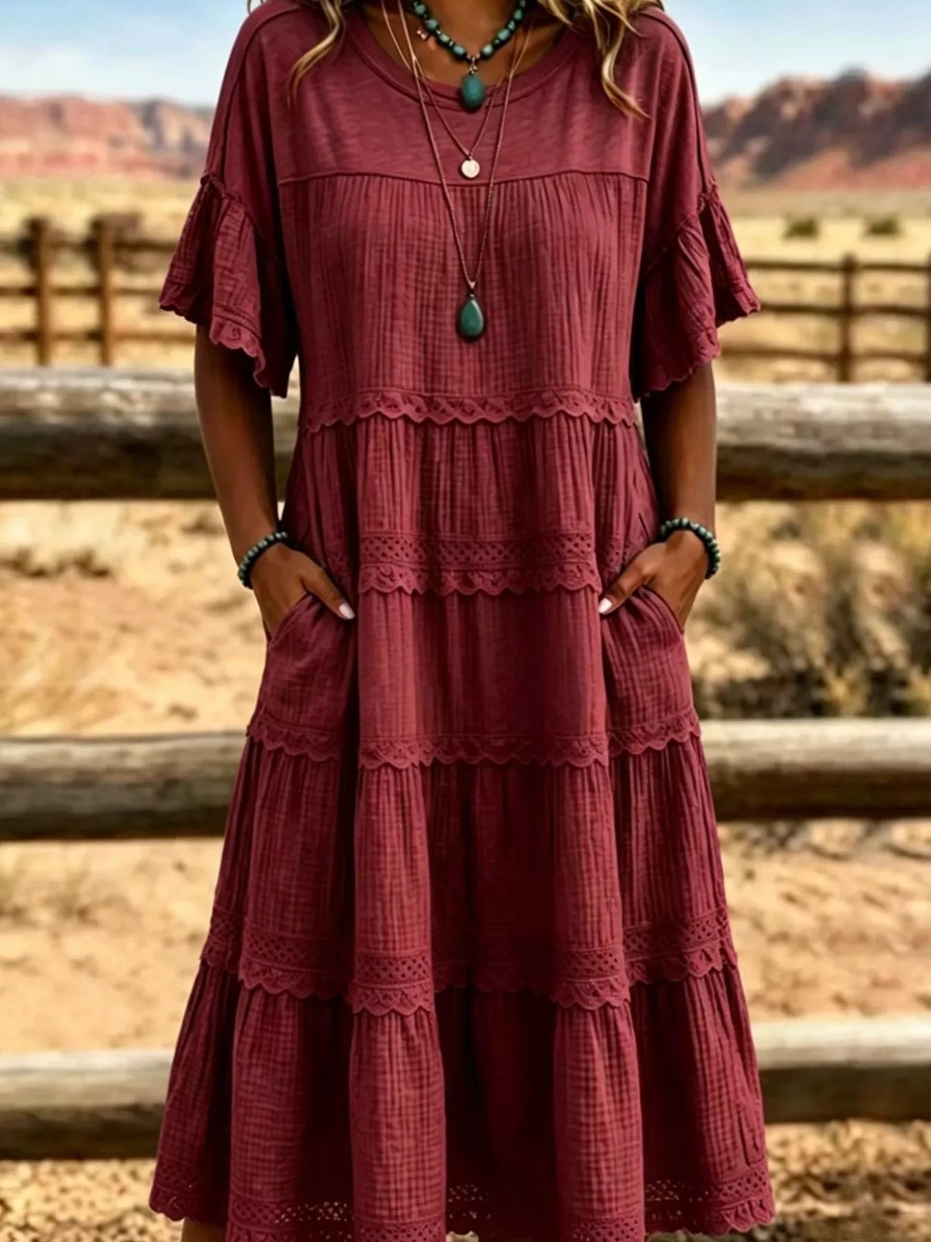Tiered Ruffle Sleeve Midi Dress with Pockets
