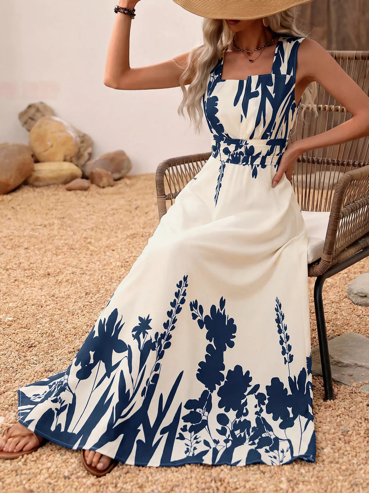 Printed Square Neck Maxi Dress in Blue