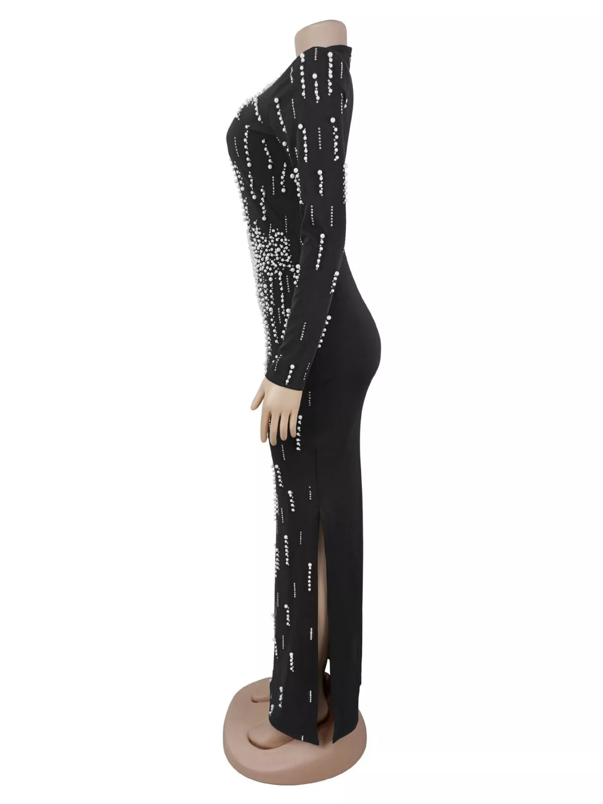 Pearl Detail Long Sleeve Maxi Dress in Black