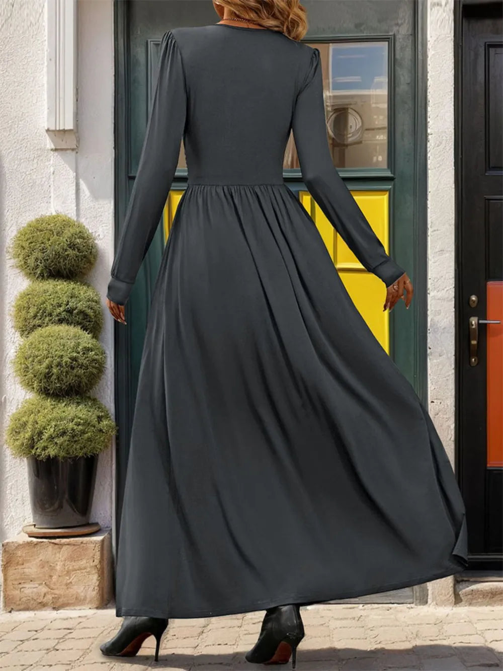 Lace Detail V-Neck Dress in Dark Gray