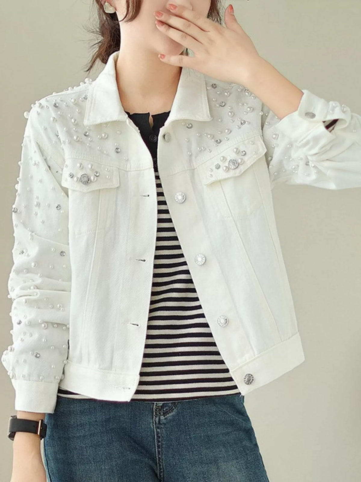 Pearl Detail Button-Up Denim Jacket