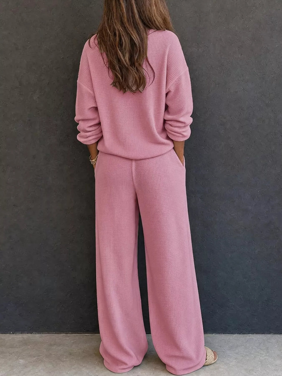 Waffle Knit Button Detail Top and Pants Set