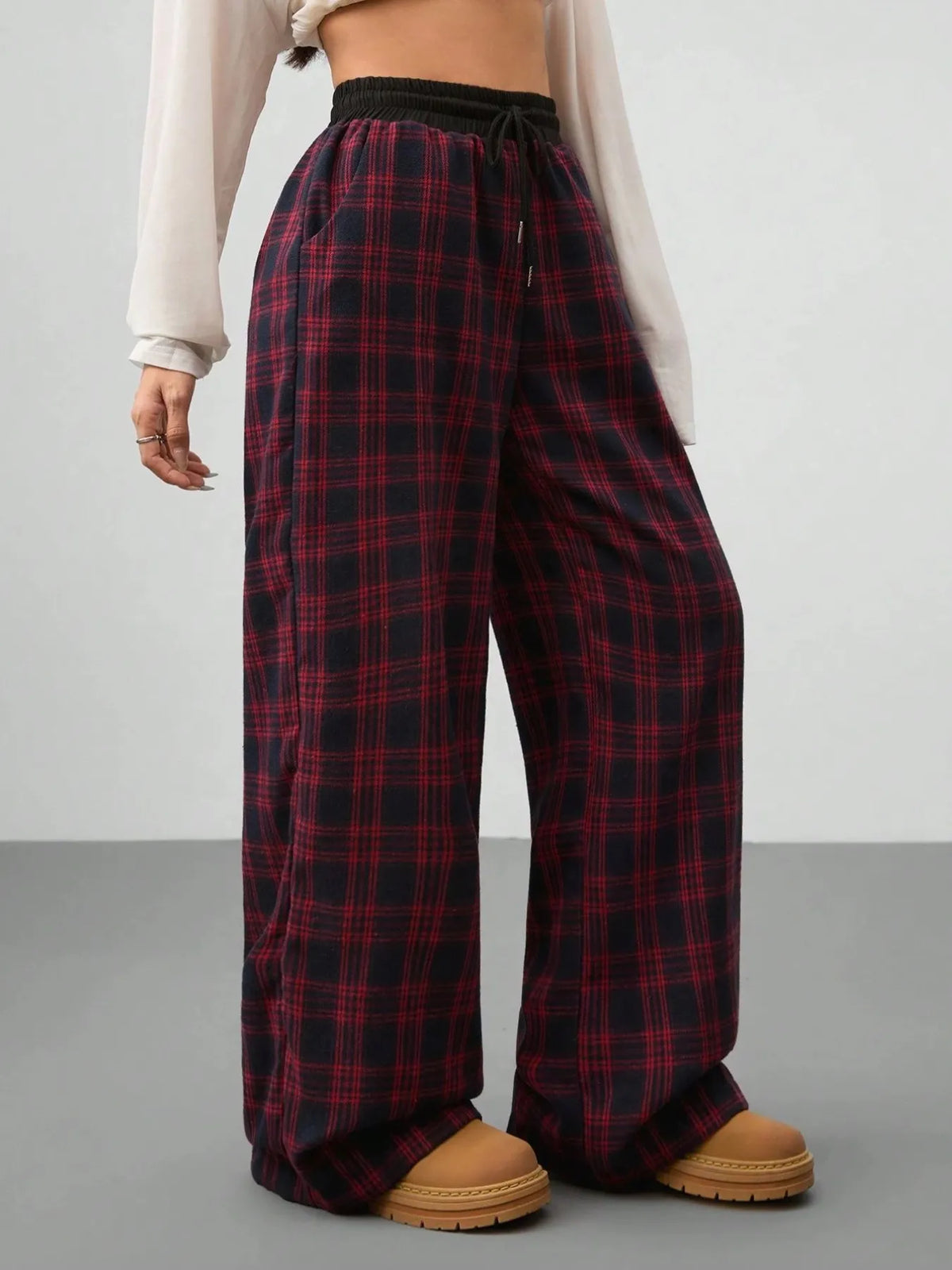 Plaid Wide-Leg Drawstring Pants in Scarlet