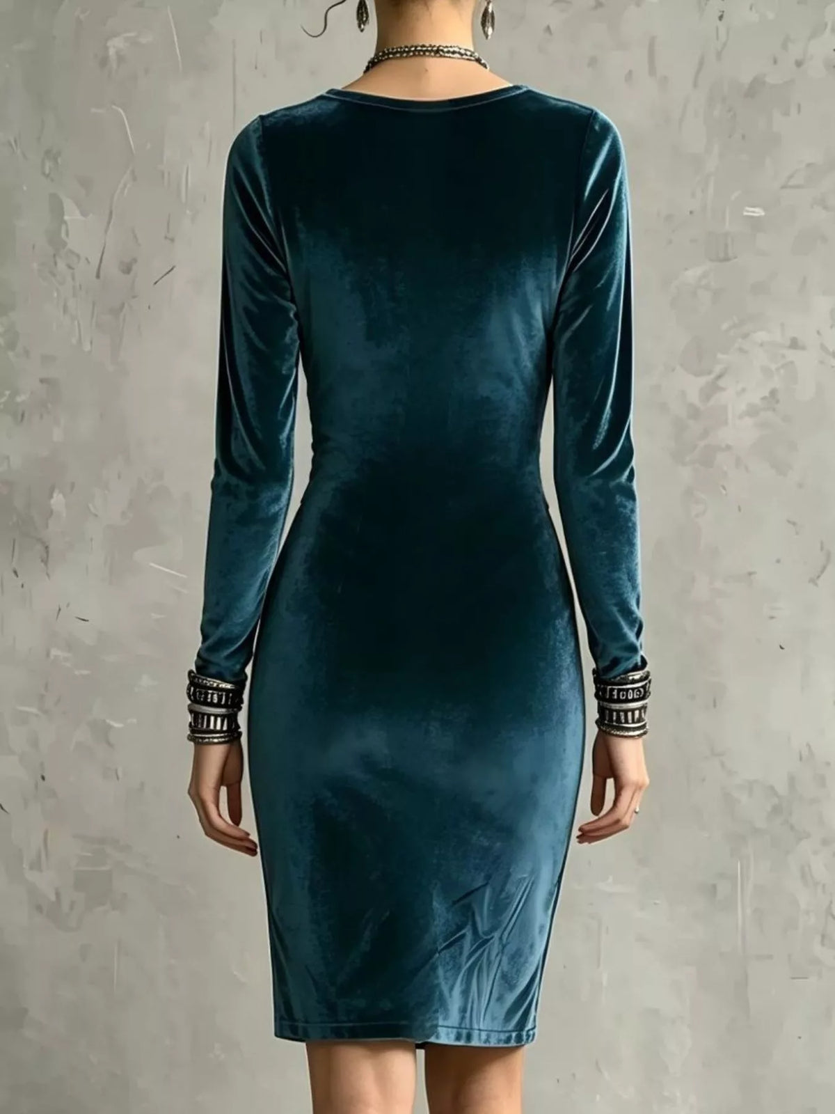 Velvet Long-Sleeve Bodycon Dress in Blue