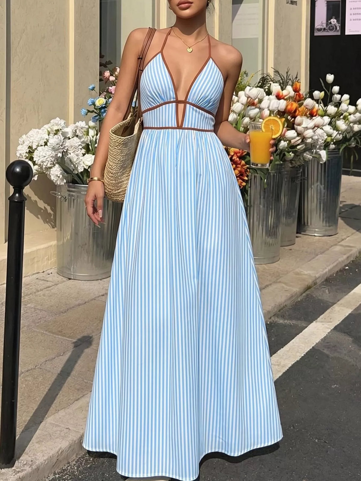 Striped Halter Neck Maxi Dress in Cotton Blend