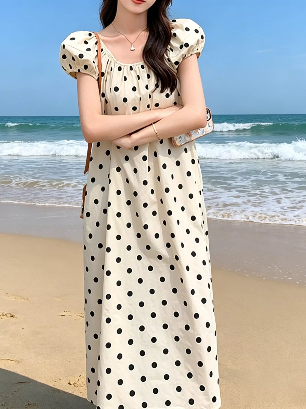 Polka Dot Puff Sleeve Midi Dress in Apricot