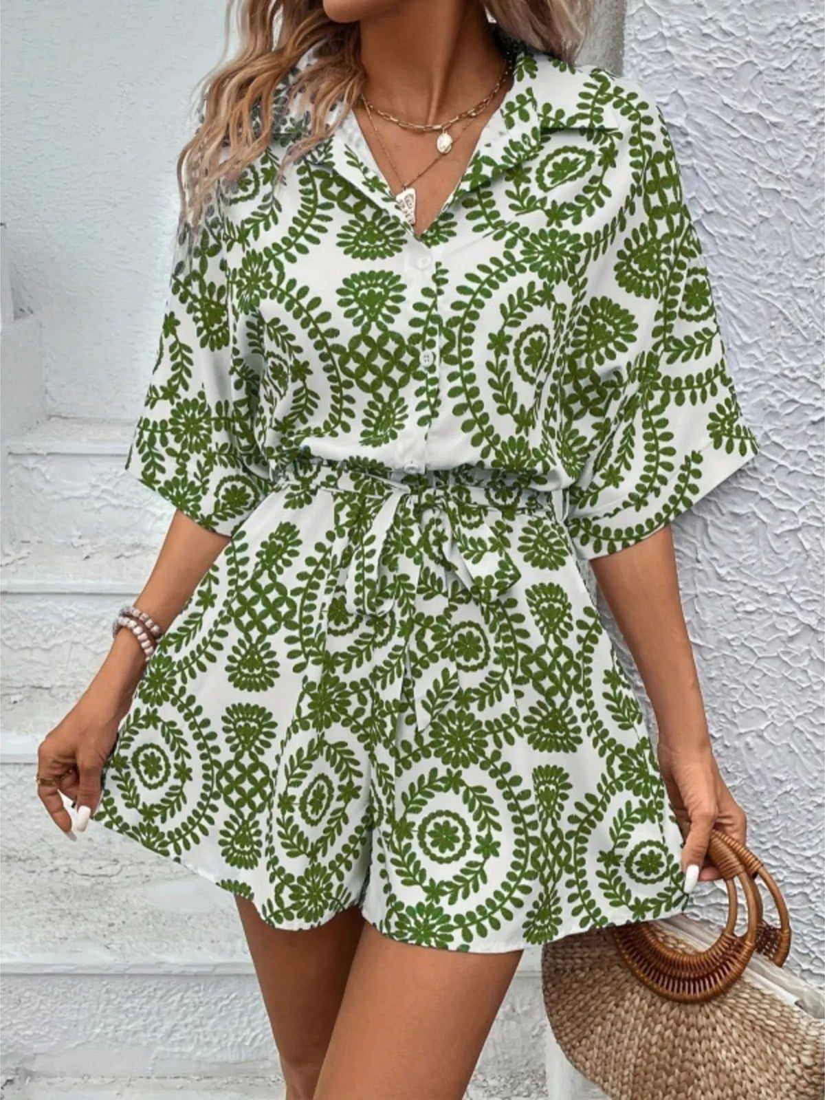 Printed Button Front Tie Waist Romper