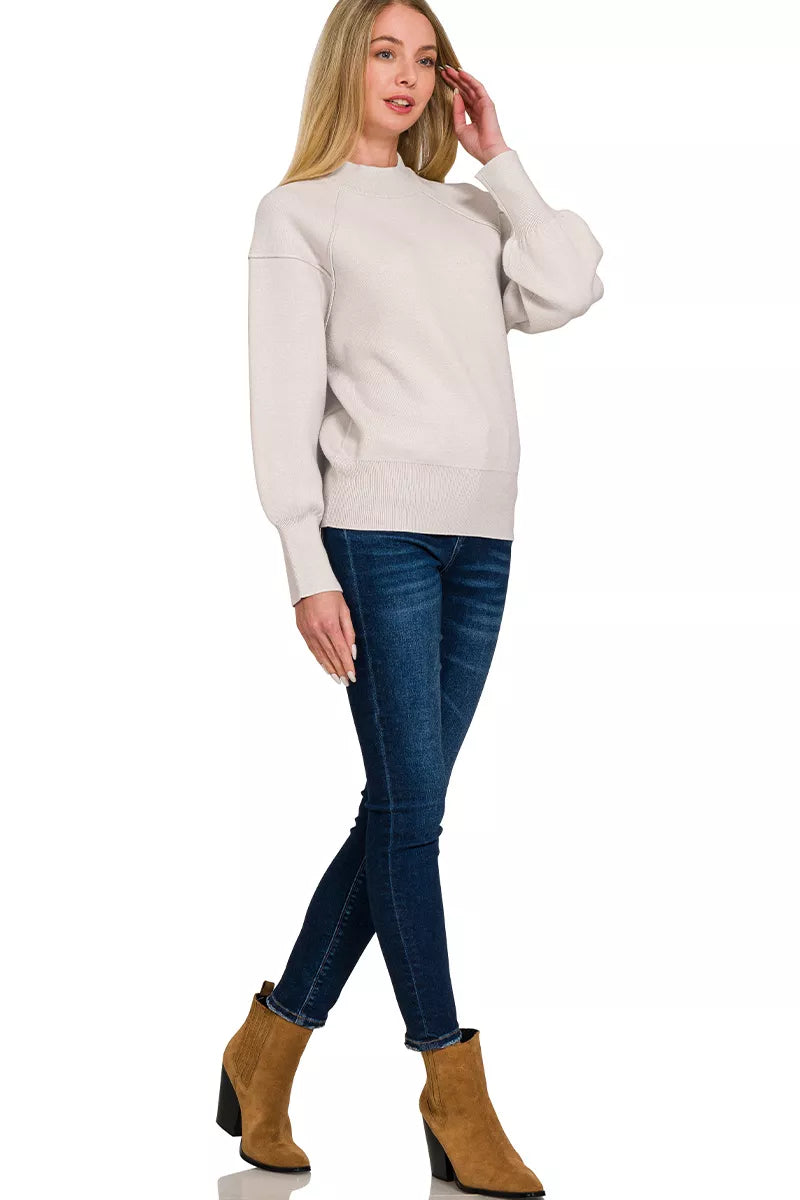 Zenana Viscose Mock Neck Sweater in Bone