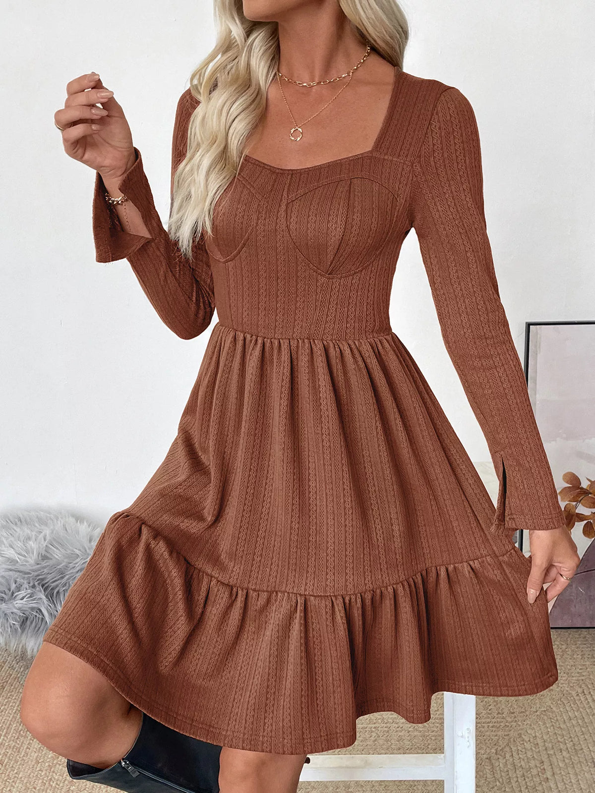 Ruffled Hem Long Sleeve Knit Dress in Coffee Brown