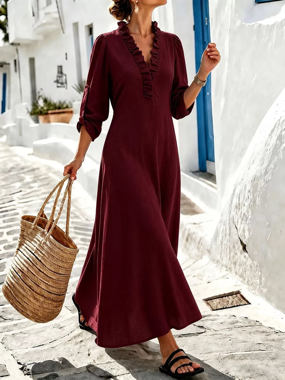 Frill Roll-Up Sleeve Maxi Dress