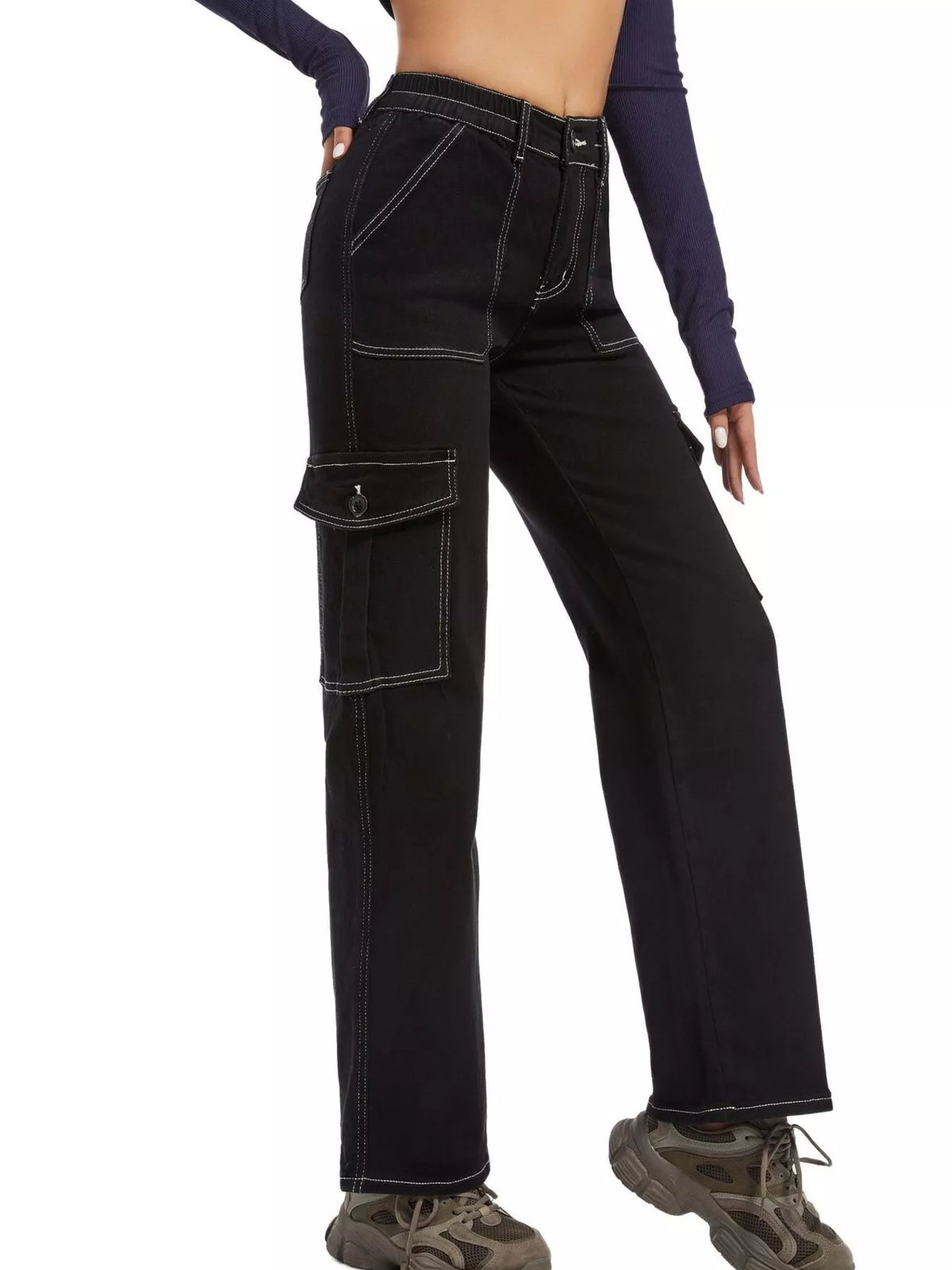 High-Waisted Cargo Jeans with Contrast Stitching