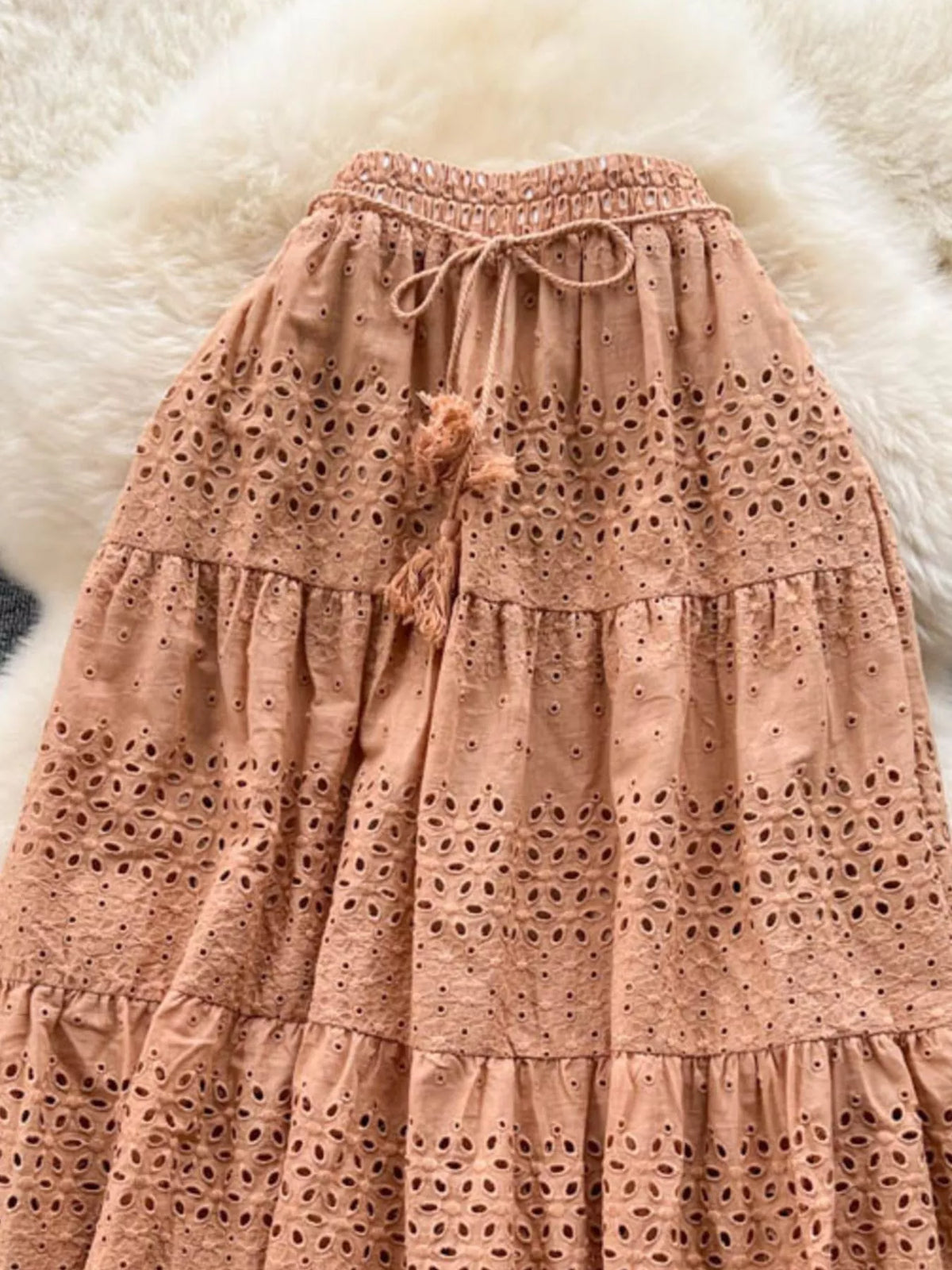 Eyelet Cutout Tiered Maxi Skirt