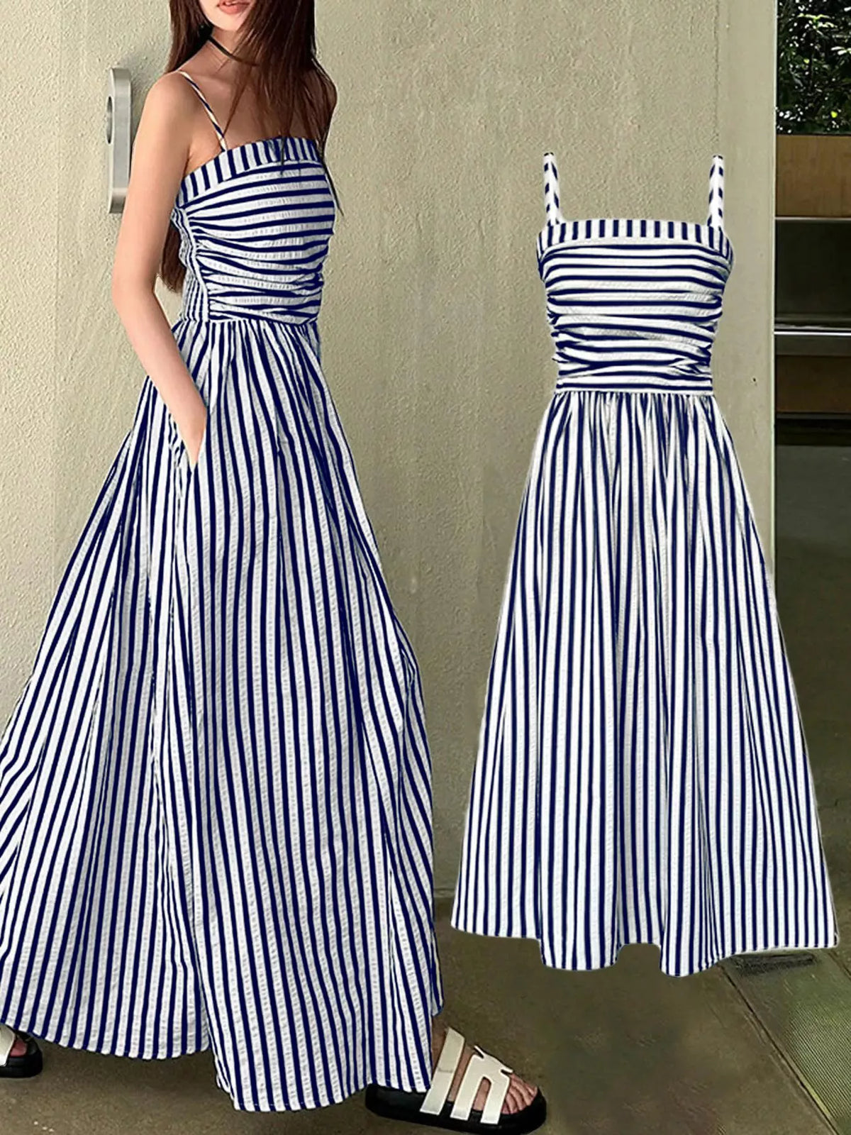 Striped Sleeveless Maxi Dress with Pockets