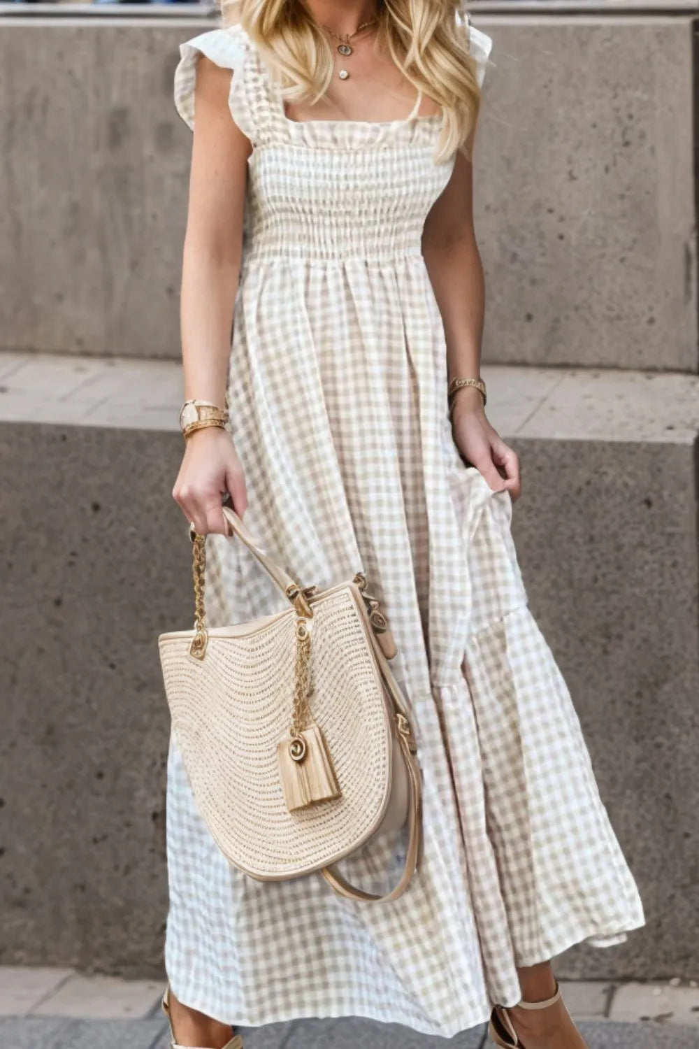 Smocked Plaid Ruffle Hem Dress