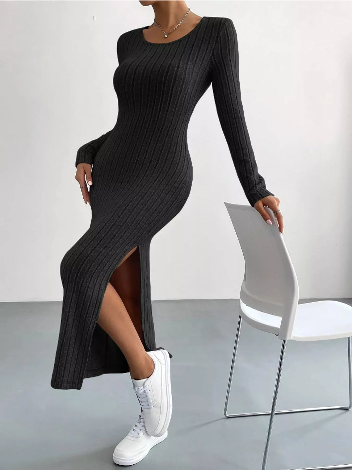 Side Slit Ribbed Knit Dress